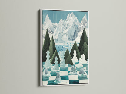 This Chess Arctic Canvas Print is displayed in a white frame. The frame highlights the teal and white hues of the chessboard. The polar bear artwork adds a modern touch to any space. Perfect for adding a cool and calming vibe to your home or office wall decor.