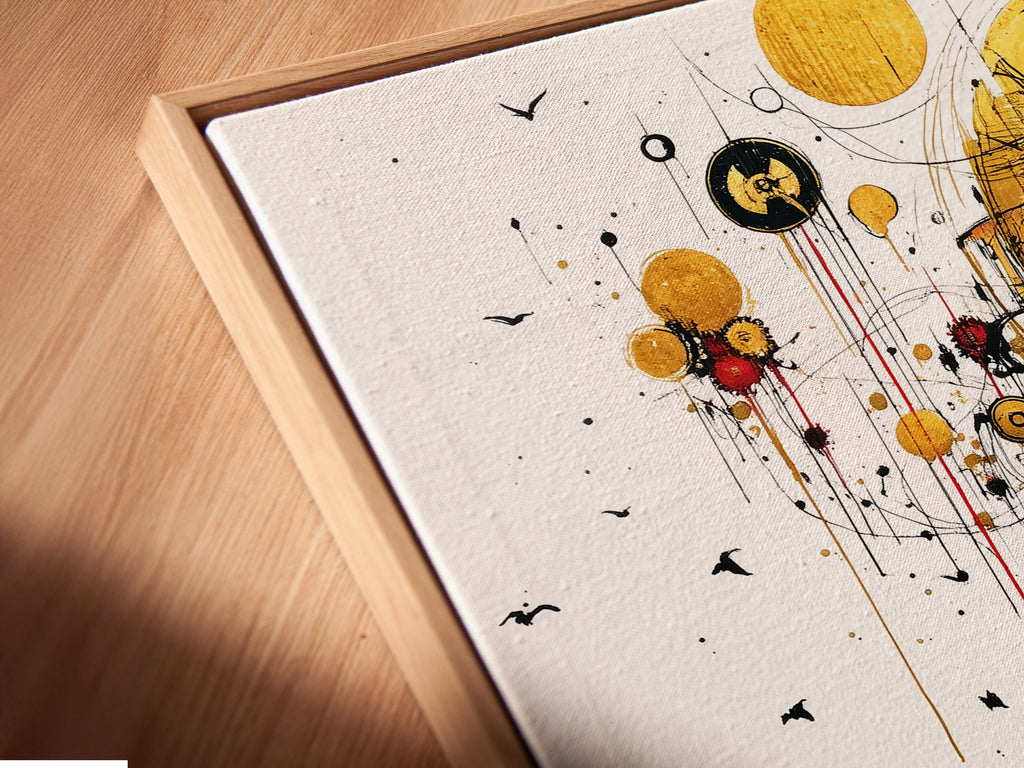 An angled close-up reveals a canvas print in a floating frame. This modern framing style enhances surreal time artwork. The floating effect adds depth to abstract clock art. Its a stylish choice for your golden landscape poster.