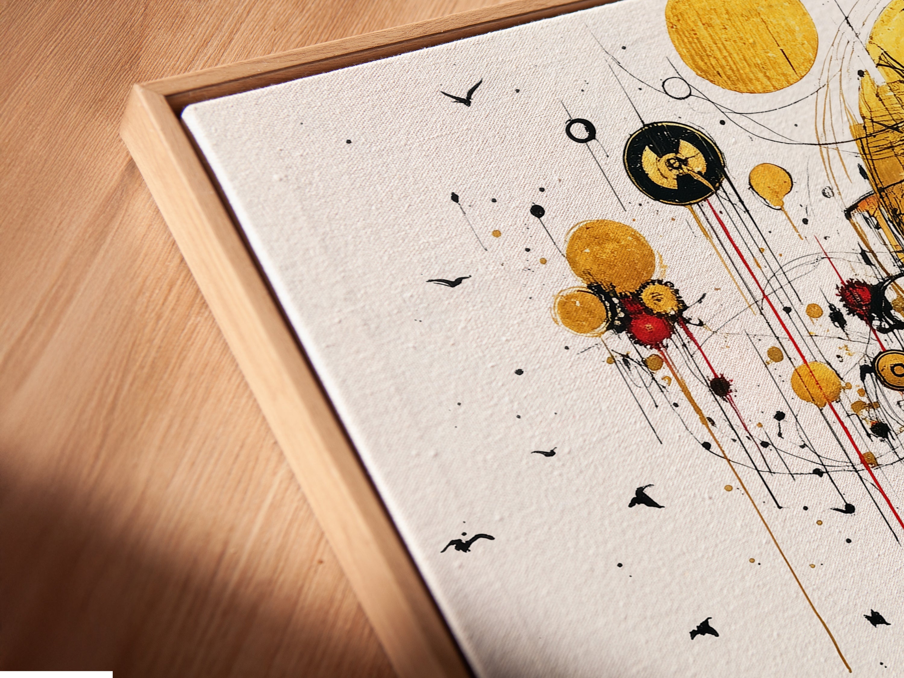 An angled close-up reveals a canvas print in a floating frame. This modern framing style enhances surreal time artwork. The floating effect adds depth to abstract clock art. Its a stylish choice for your golden landscape poster.