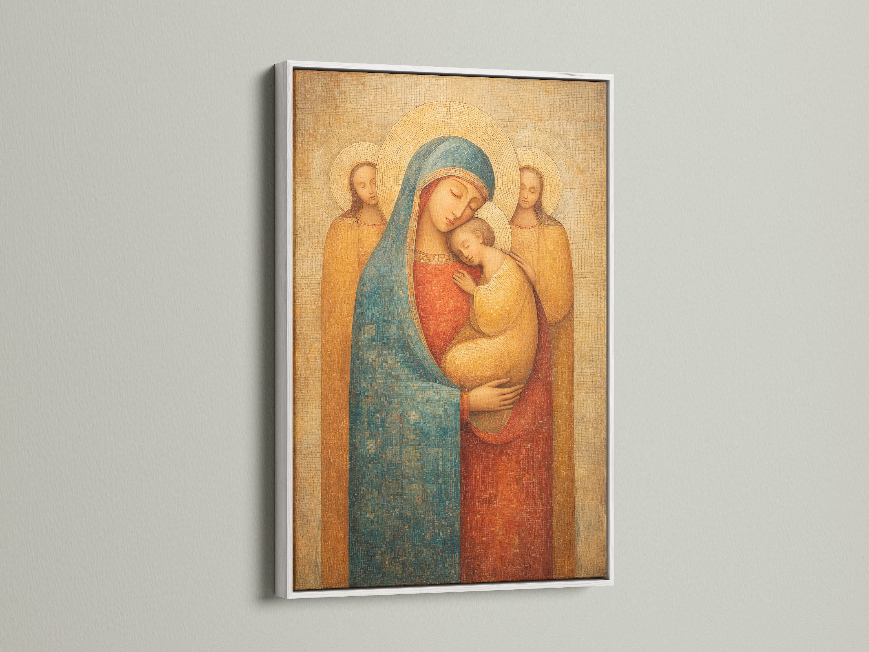 A white frame highlights the artwork. The clean white finish offers a modern touch. The white frame creates a fresh and airy look. It makes the colors pop. A versatile choice for any room. Explore the simplicity of white frames.