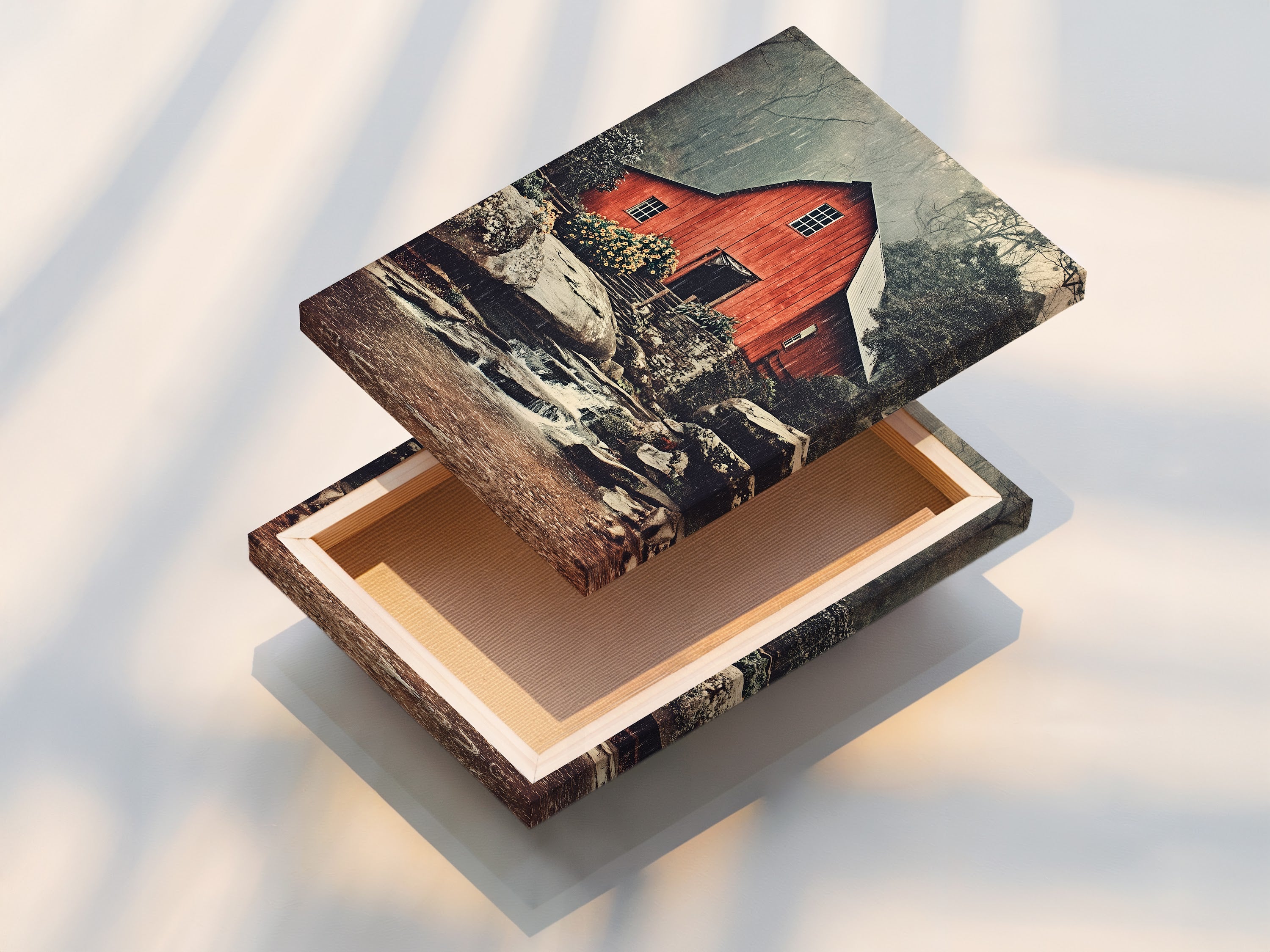 This is a stretched canvas print of the red barn artwork. The stretched canvas print offers a gallery-ready look. Transform your living space with this rustic wall decor. A captivating piece of art.