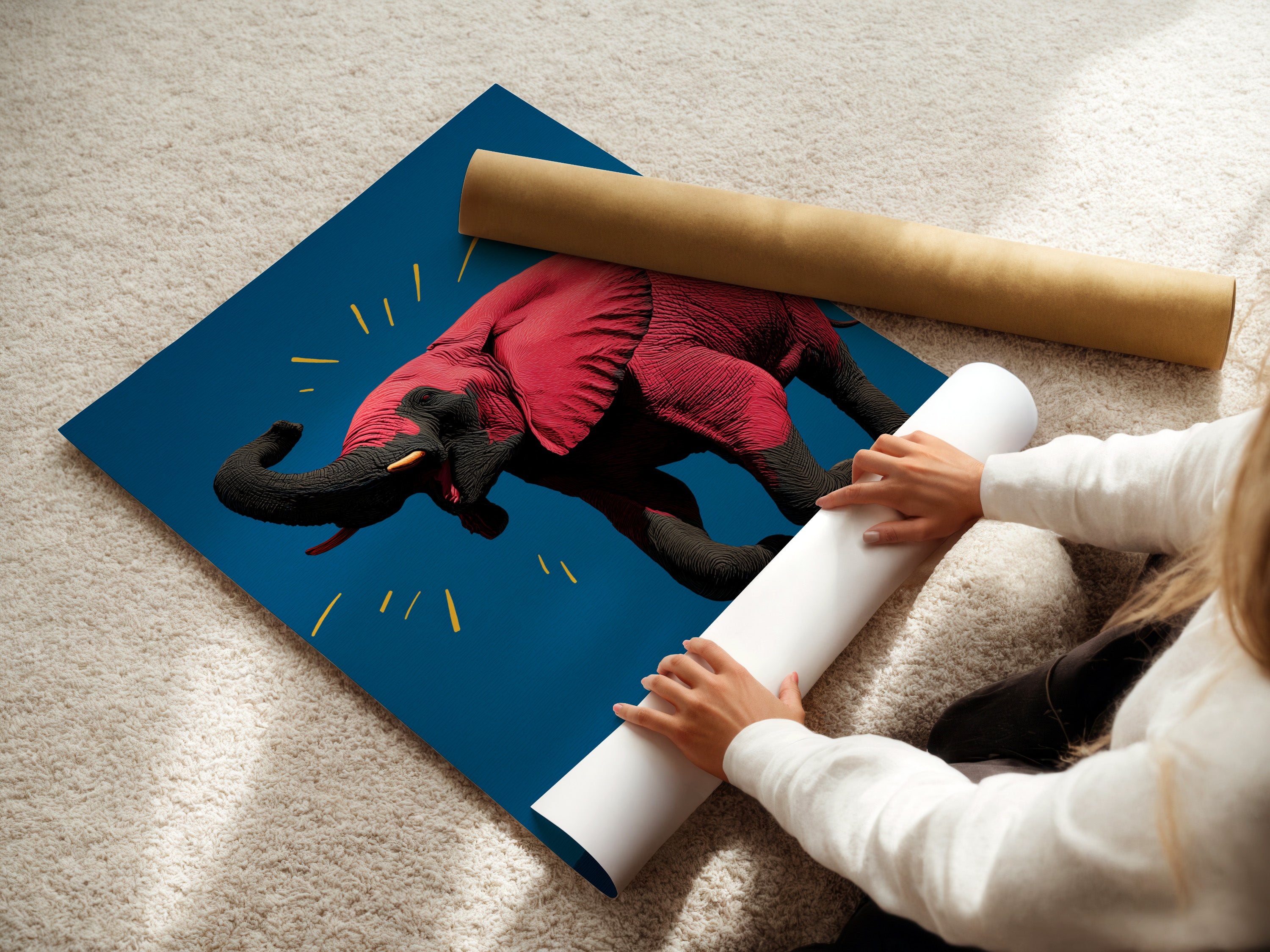 A woman carefully rolls a fine art poster paper featuring a pink elephant artwork. This vibrant animal print is perfect for adding a pop of color to any space. Ideal for nursery or office decor this contemporary art piece is sure to impress. The fine art poster paper ensures high-quality reproduction.