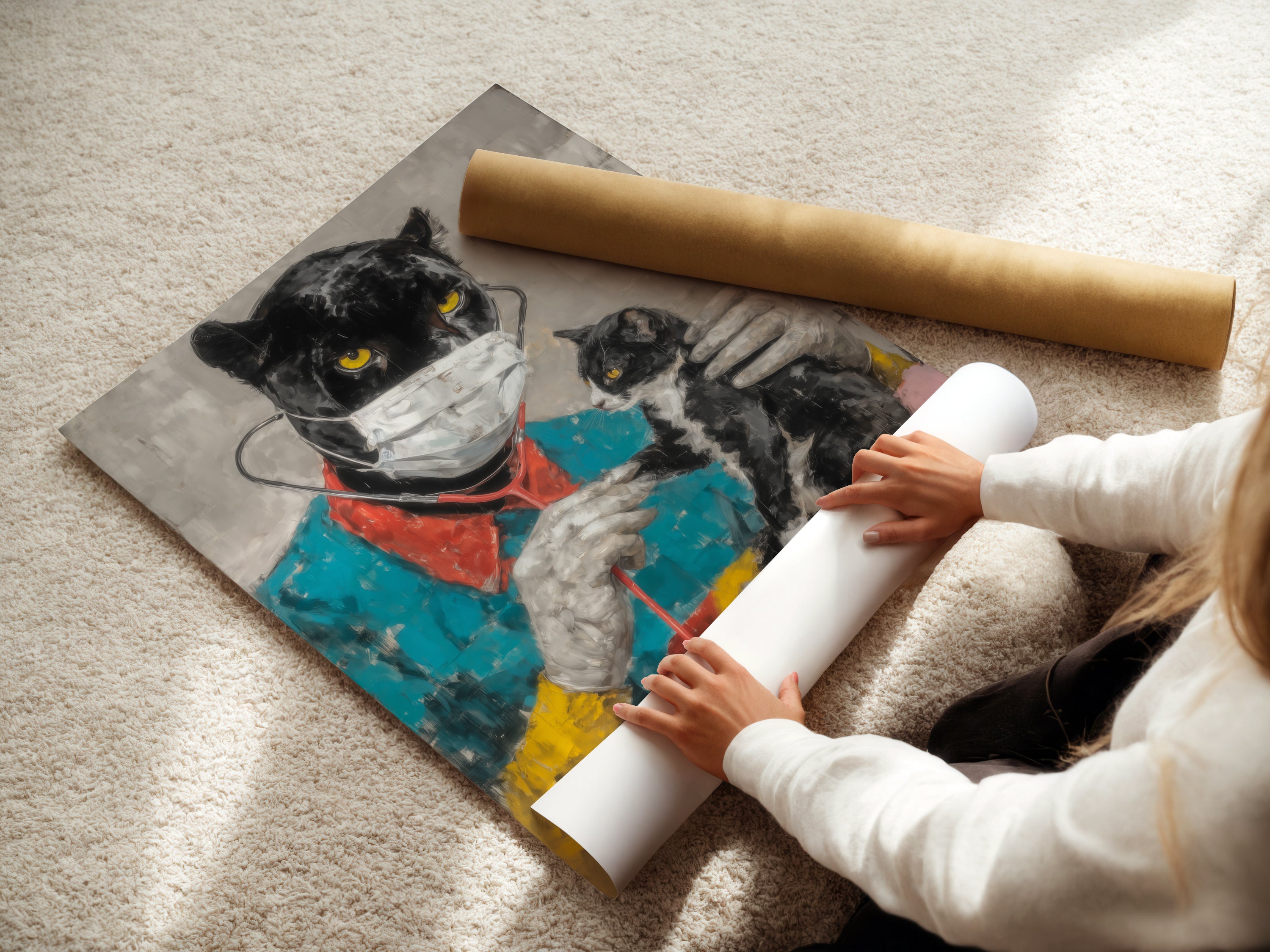 A woman rolls a fine art poster paper. She is preparing the Panther Doctor art print. This panther artwork is perfect for veterinarian art or medical office decor. Ideal for animal lovers.