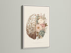 A framed floral brain artwork with a clean white frame. The frame accentuates the artwork's vibrant colors. The combination of brain and flower art creates a unique piece. This framed print adds a modern touch to any room in your home or office space.