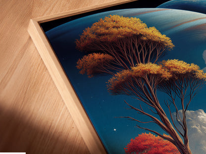 Close-up of a canvas print in a floating frame. This Southwestern artwork features a bison landscape. Monument Valley art adds depth and texture. Earthy tones enhance this fine art piece. Ideal for a modern aesthetic with a touch of nature.