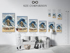 A size comparison chart is displayed in an interior setting. This helps visualize how the epic fantasy art print will look in different sizes. The artwork depicts an ancient warrior battling a sea monster. This chart is useful for planning your game room or home theater decor effectively.