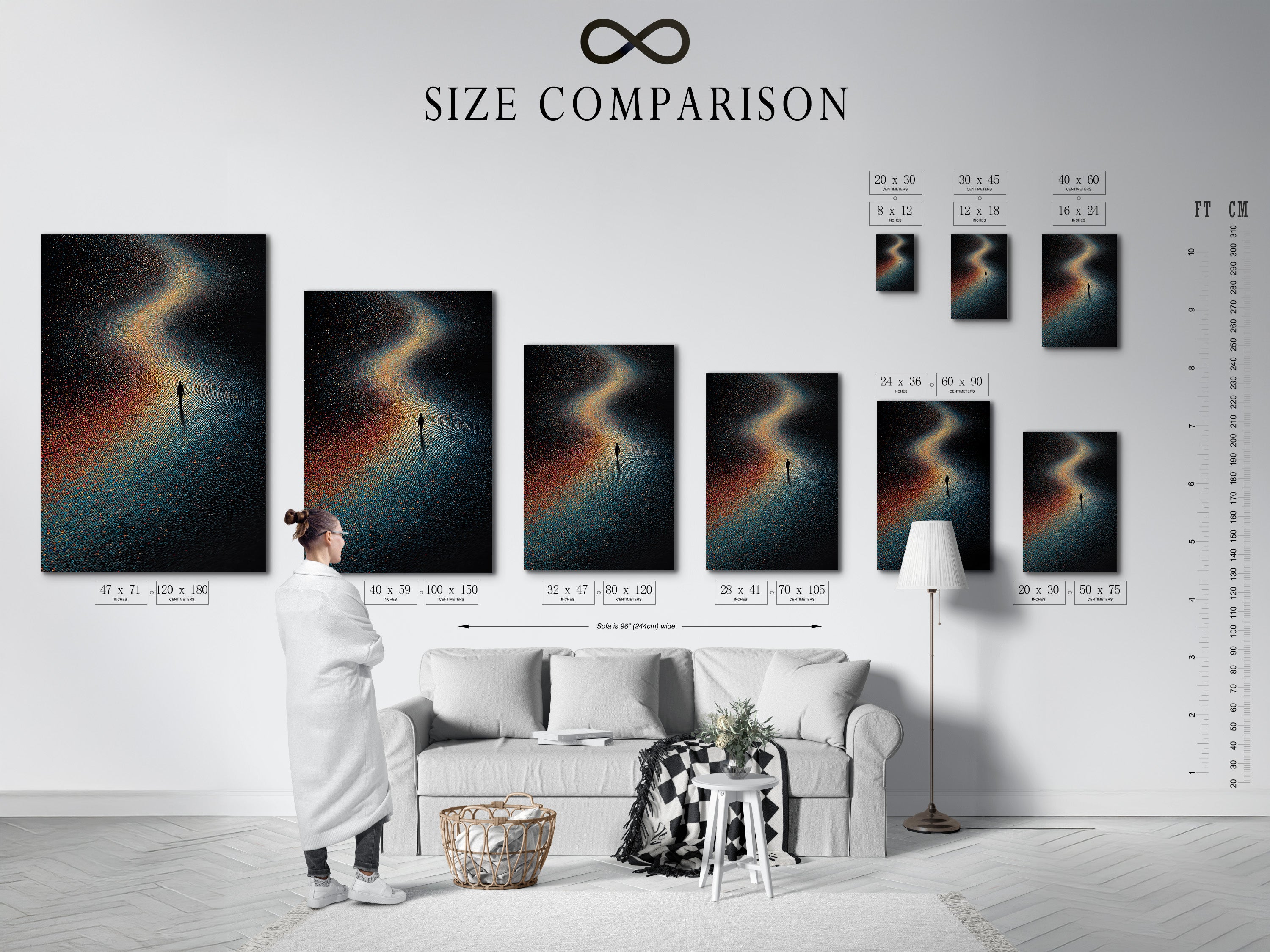 A size comparison chart is displayed in an interior setting. The chart showcases various sizes of cosmic galaxy canvas prints. This artwork is perfect for visualizing how each piece fits your space. Choose the ideal size for your surreal space wall art. Enhance your home decor with precision.