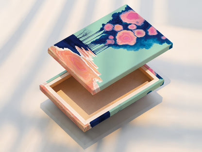 A stretched canvas print displays a surreal landscape with a pink cloud forest. The artwork creates a dreamy and inviting atmosphere. The stretched canvas format is perfect for living room wall art. It provides a gallery ready display for abstract nature art. This print is perfect for homeowners and interior stylists.