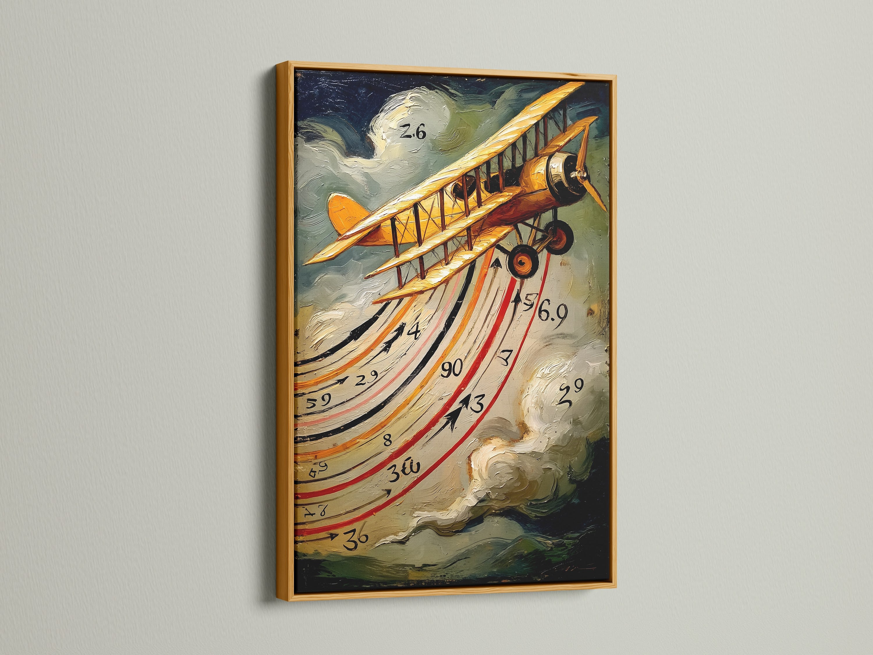 Vintage Airplane artwork displayed in a gold frame. The gold frame adds a touch of luxury to this historic aircraft print. It's perfect for adding a vintage flair to your home or office. This aviation artwork will enhance any space. Elevate your decor with this striking print.