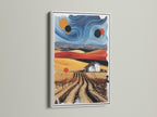 A white frame surrounds this abstract landscape artwork. This surreal art print is a great addition to any space. The farm canvas art brings a touch of the countryside indoors. It's contemporary art that complements coastal or eclectic decor. The modern landscape is a perfect fit for any room.