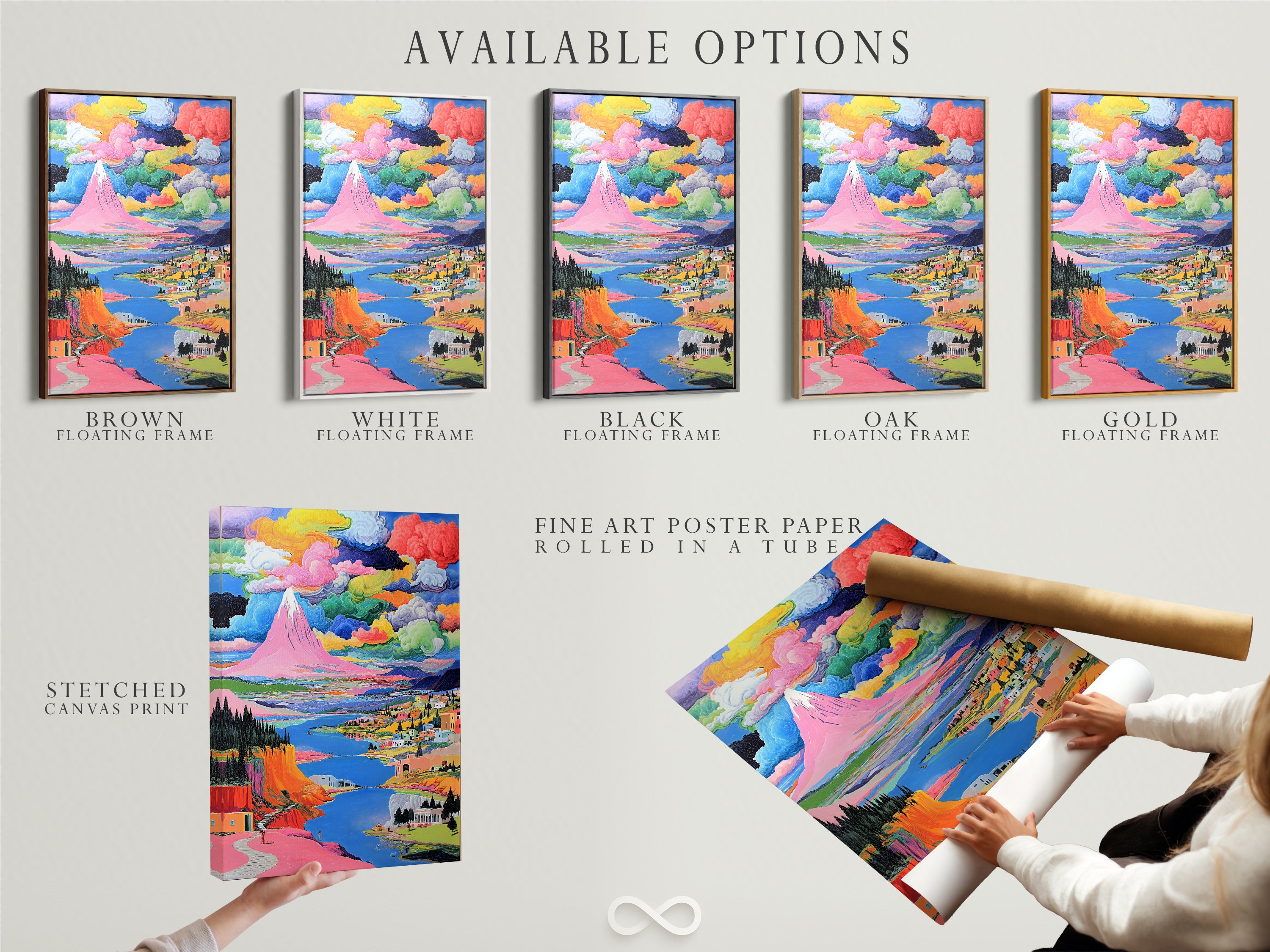 Available options are displayed including a stretched canvas print fine art poster paper and floating frame. The artwork features a colorful mountain landscape. The whimsical pink and teal nature artwork is perfect for modern decor.