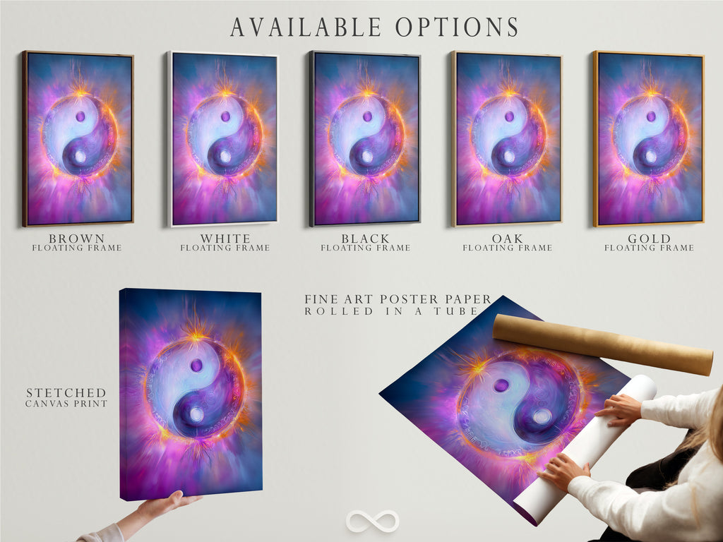 Available options include a stretched canvas print. Also available is fine art poster paper and a floating frame. The Yin Yang artwork features purple cosmic energy. It is perfect for zen wall art.