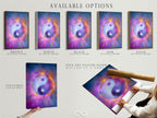 Available options include a stretched canvas print. Also available is fine art poster paper and a floating frame. The Yin Yang artwork features purple cosmic energy. It is perfect for zen wall art.