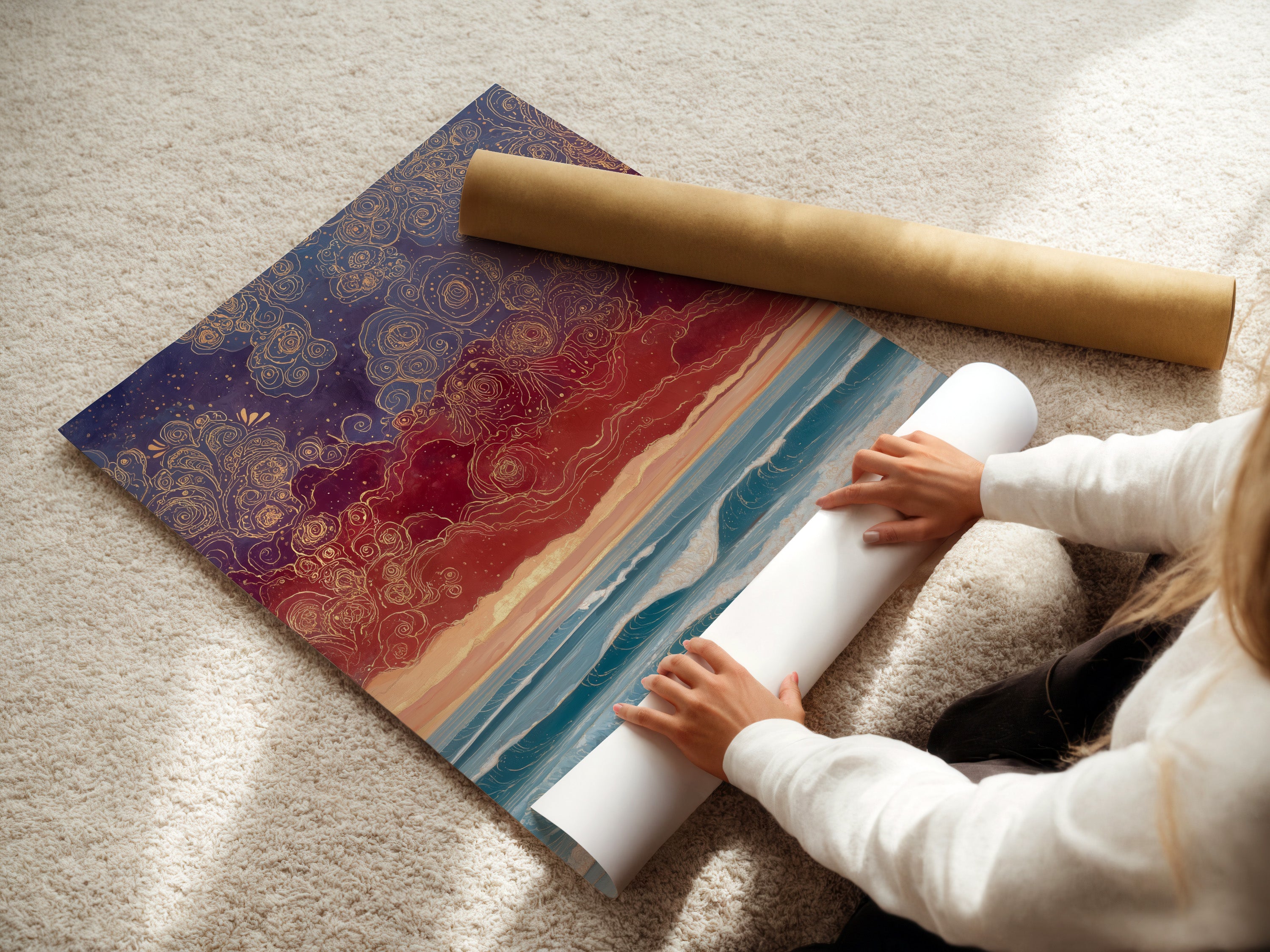 A woman is carefully rolling a fine art poster paper. The poster features a dreamy seascape. High-quality materials ensure a beautiful piece. Perfect for adding a touch of the ocean to your home. The fine art poster paper is ideal for framing. Decorate your space with this coastal artwork.