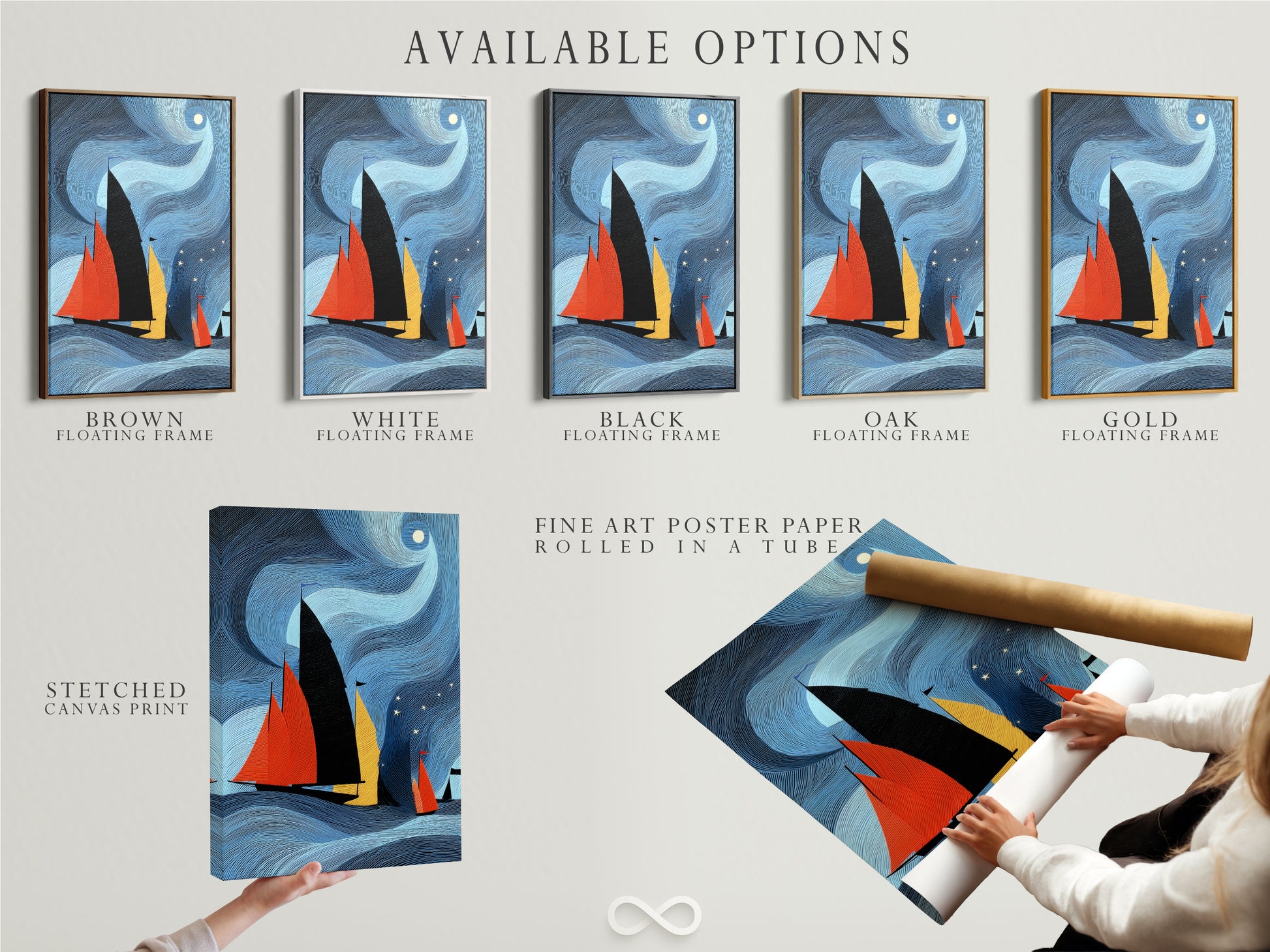 Explore the available options for this stunning sailboat artwork. Choose from a stretched canvas print for a gallery ready look fine art poster paper for customizable framing or a floating frame for a modern touch. Find your perfect style.