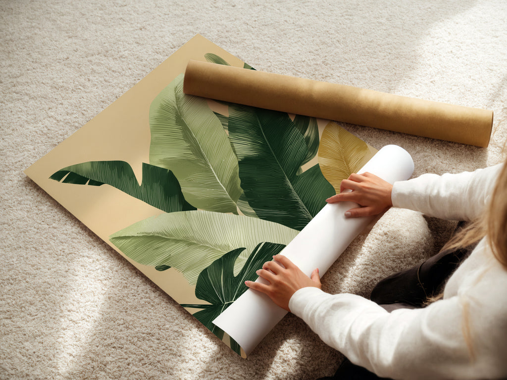A woman is carefully rolling a fine art poster paper. The fine art poster paper is high-quality and archival. The poster is ready for framing. Fine art posters offer a versatile and affordable option for art lovers.