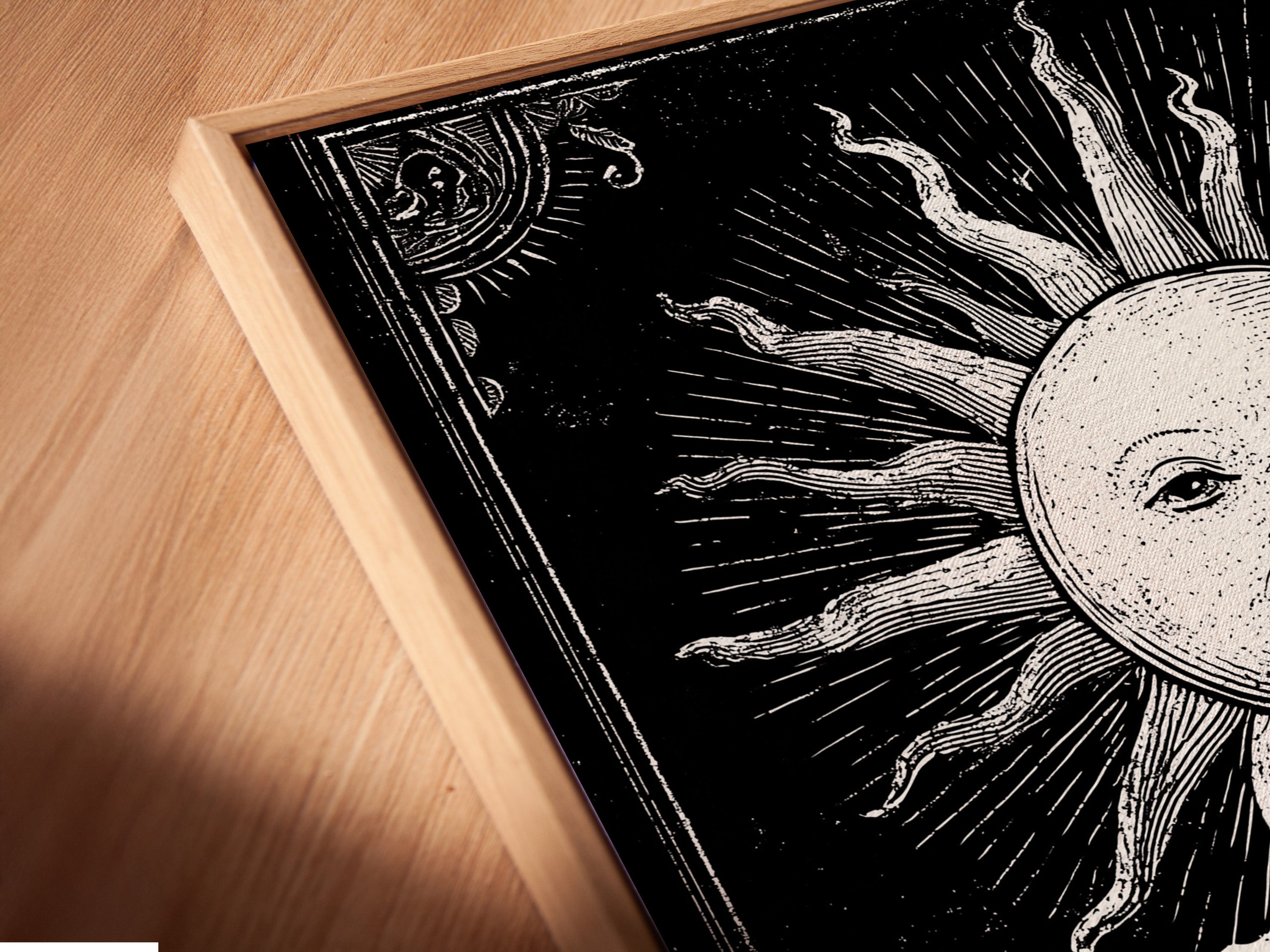 A close-up angled view of a canvas print in a floating frame. The artwork features a vintage sun and beer graphic. The floating frame adds depth and sophistication. This canvas print enhances any modern interior. The frame creates a gallery-like display. It highlights the artwork's intricate details.