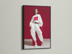 Streetwear Fashion Art Print in a black frame. Elevate your space with this modern canvas art. The red and white colors make a bold statement. Ideal for hip hop decor and urban fashion art. A great addition to modern office spaces.