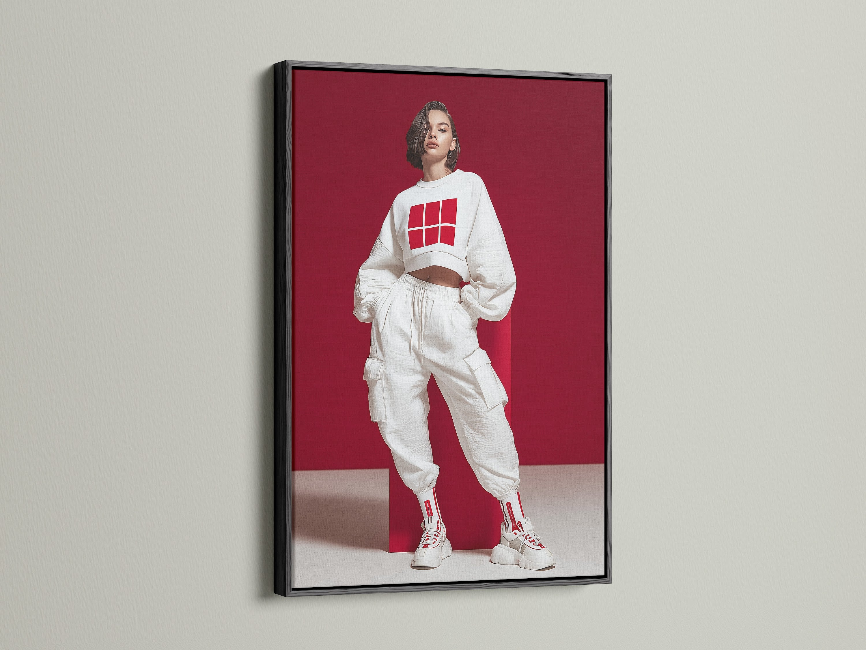 Streetwear Fashion Art Print in a black frame. Elevate your space with this modern canvas art. The red and white colors make a bold statement. Ideal for hip hop decor and urban fashion art. A great addition to modern office spaces.