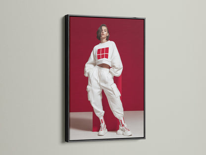 Streetwear Fashion Art Print in a black frame. Elevate your space with this modern canvas art. The red and white colors make a bold statement. Ideal for hip hop decor and urban fashion art. A great addition to modern office spaces.