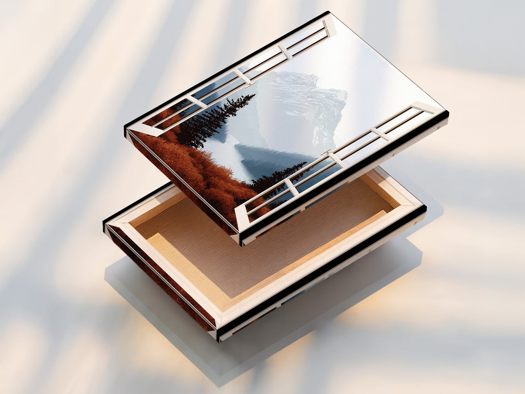 A stretched canvas print displays a stunning mountain view through an open window. This nature landscape artwork enhances your home decor. The scenic print brings a calming atmosphere. Perfect for living rooms bedrooms and offices. Add a touch of nature to any space with this beautiful canvas.