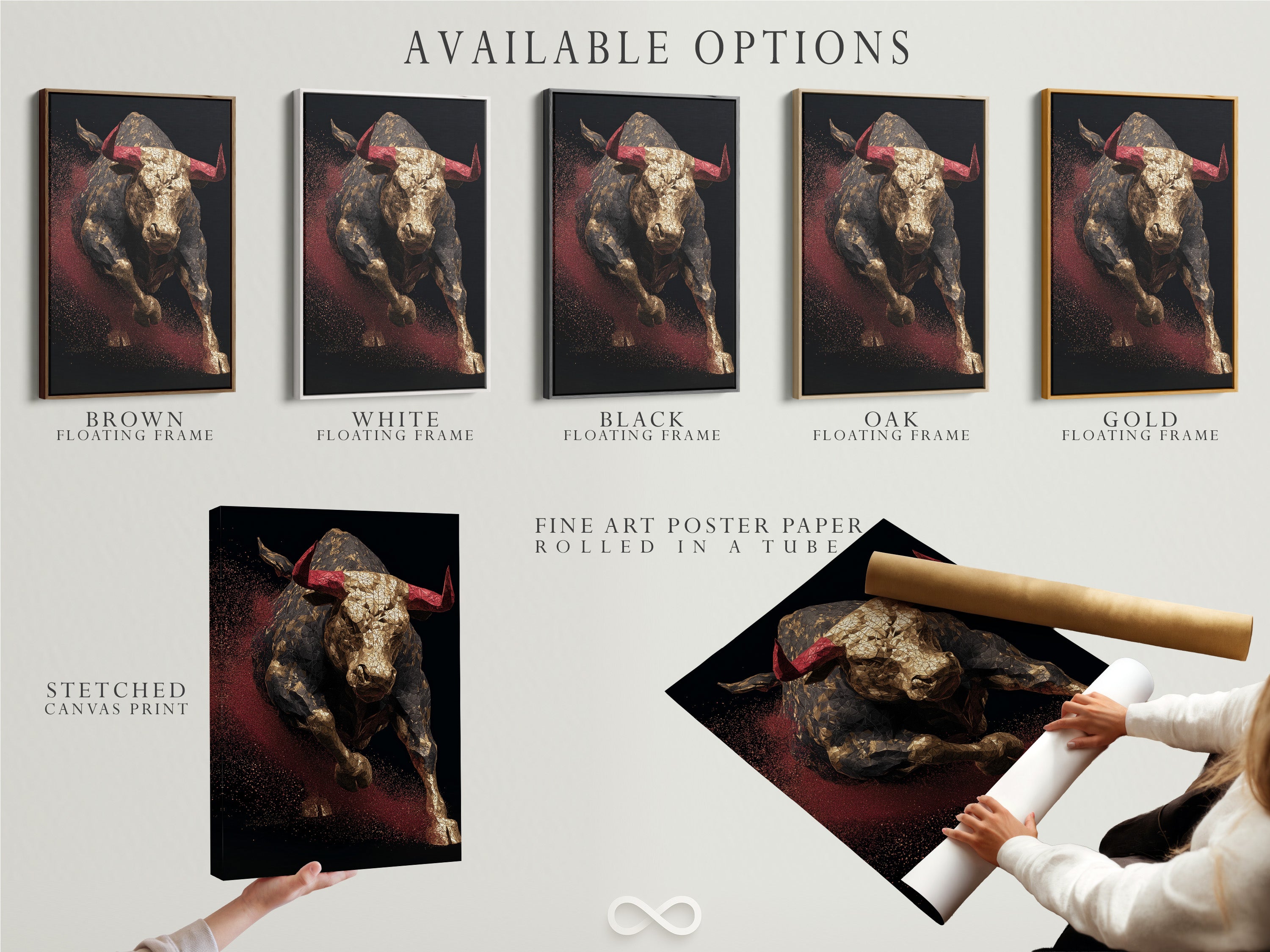 Available options on display. Options include stretched canvas print fine art poster paper and floating frame. Perfect art to showcase in your home or office. Great art for any room in the house. Choose your perfect style