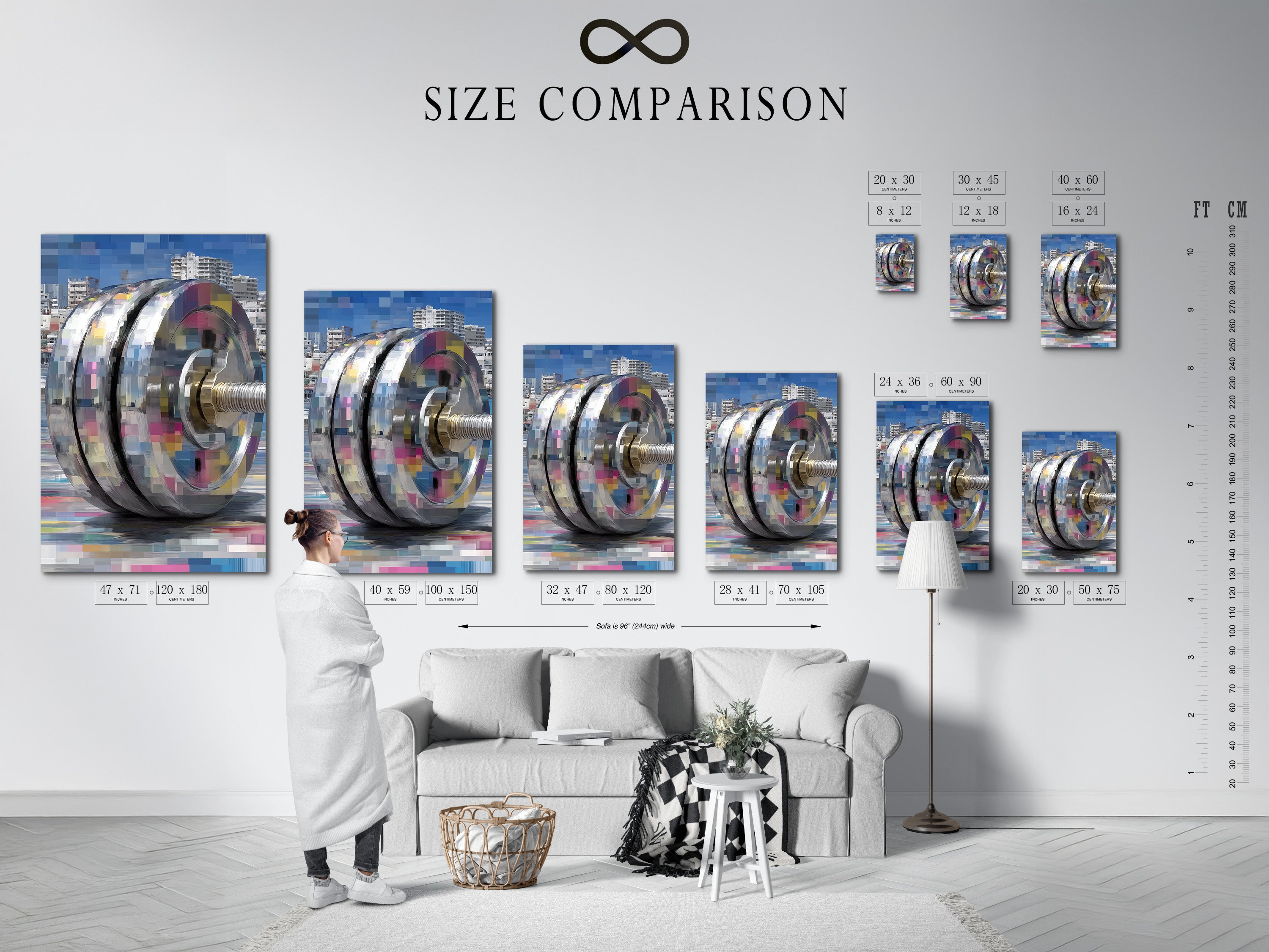 Check out the size comparison chart. See how the artwork fits in various spaces. The modern mechanical print is perfect for any room. The digital pixel canvas enhances your fitness room decor. Find the right size for your wall.