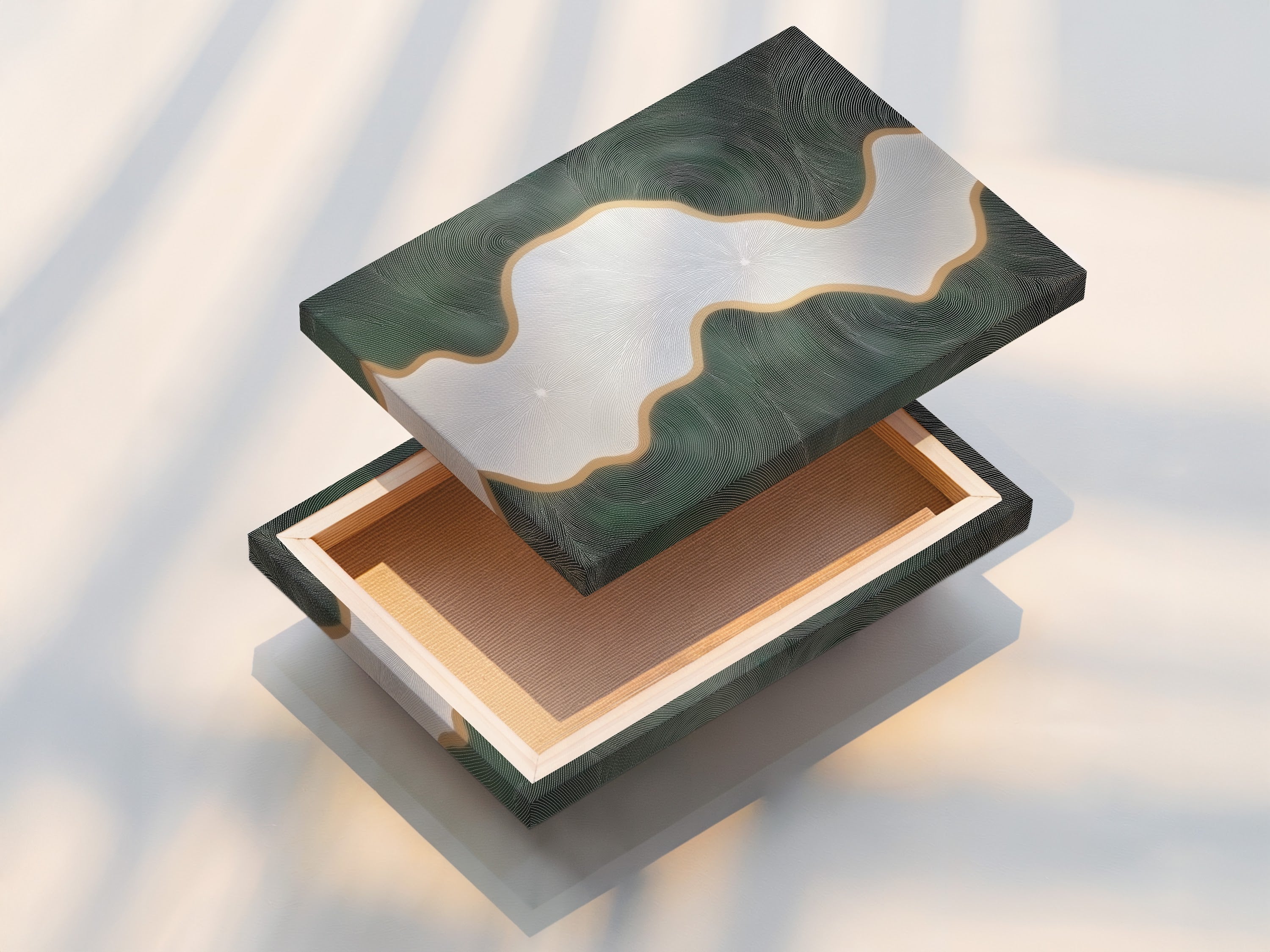 The stretched canvas print features abstract river art. The sage green and gold artwork is ready to hang. It offers a modern organic aesthetic for any room. This canvas print enhances bedroom wall decor. It complements minimalist contemporary or Scandinavian styles. Ideal for living rooms bedrooms offices spas boutiques and waiting rooms.