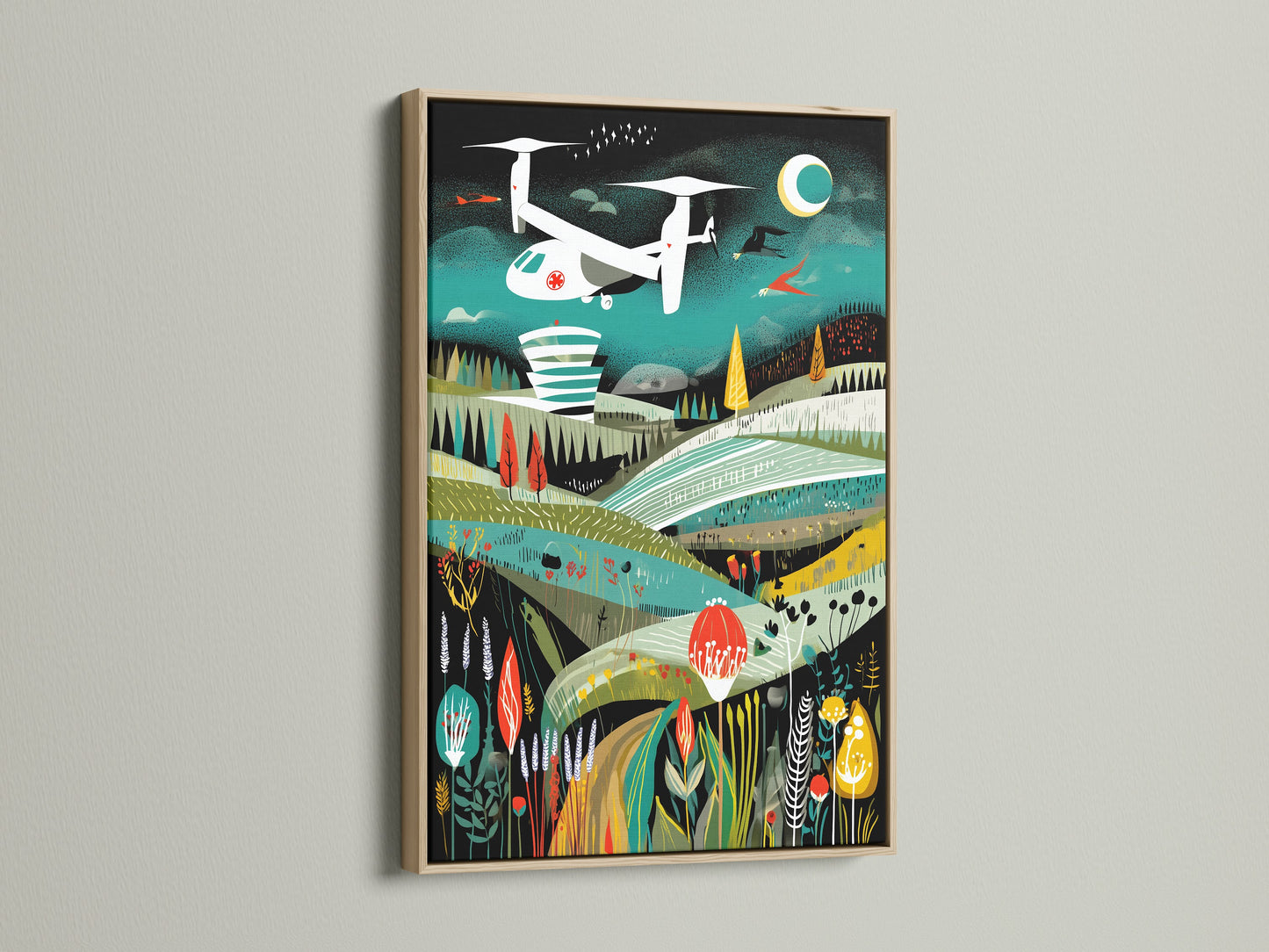 A framed Rescue Helicopter art print with an oak frame. The aviation print features a white helicopter against a teal sky. This retro wall art adds a touch of mid-century modern style to any room.