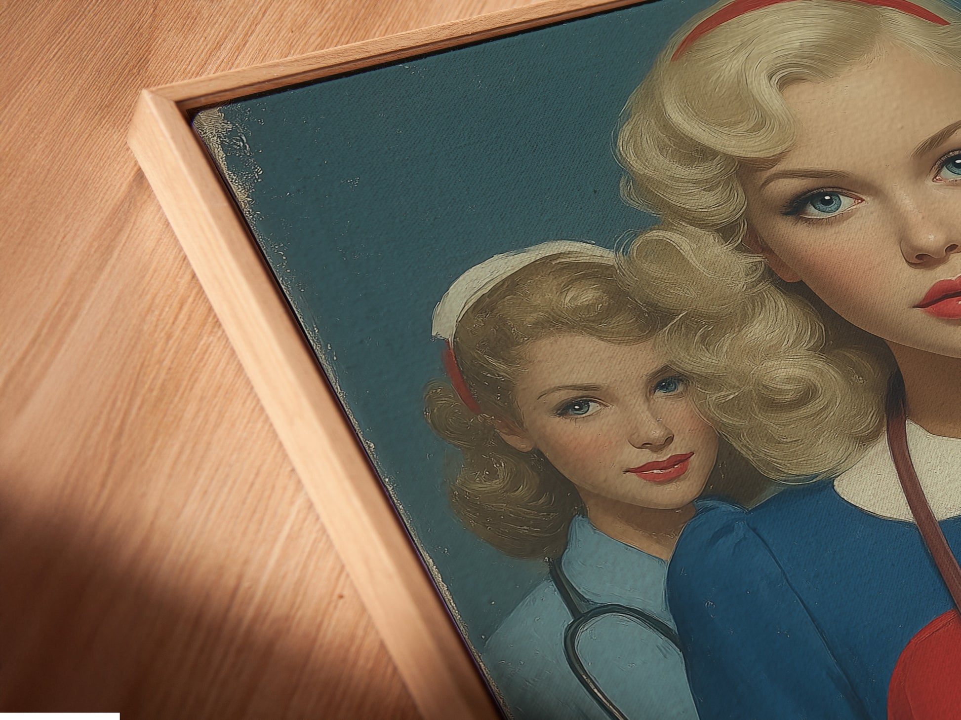 Close-up of a canvas print in a floating frame. The floating frame gives the artwork a modern look. This vintage nurse art is a unique and stylish addition to any space. A great conversation starter.