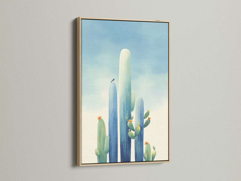 This oak frame enhances any artwork. A classic choice for a natural touch. Ideal for showcasing your cactus canvas print or desert wall art. Its warm tones complement southwestern teal blue poster. Elevate your home decor with this timeless frame.