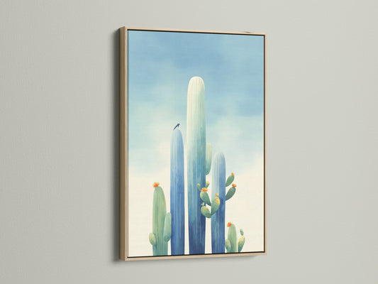 This cactus canvas print features an oak frame. It's ideal southwestern art for adding a touch of the desert to your home. The oak frame enhances the teal wall art. Bring blue art prints into your space.