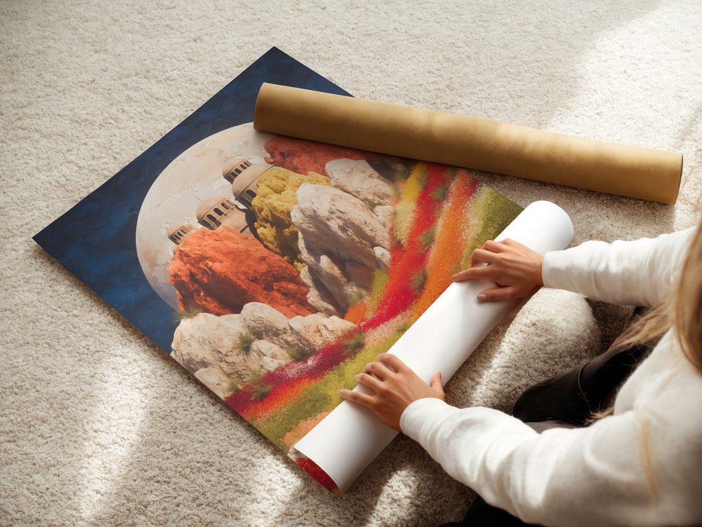 A woman is carefully rolling a fine art poster paper. The fantasy landscape artwork features a dreamy floral field. This surreal print is ideal for interior decorators. It adds modern wall art to any space.