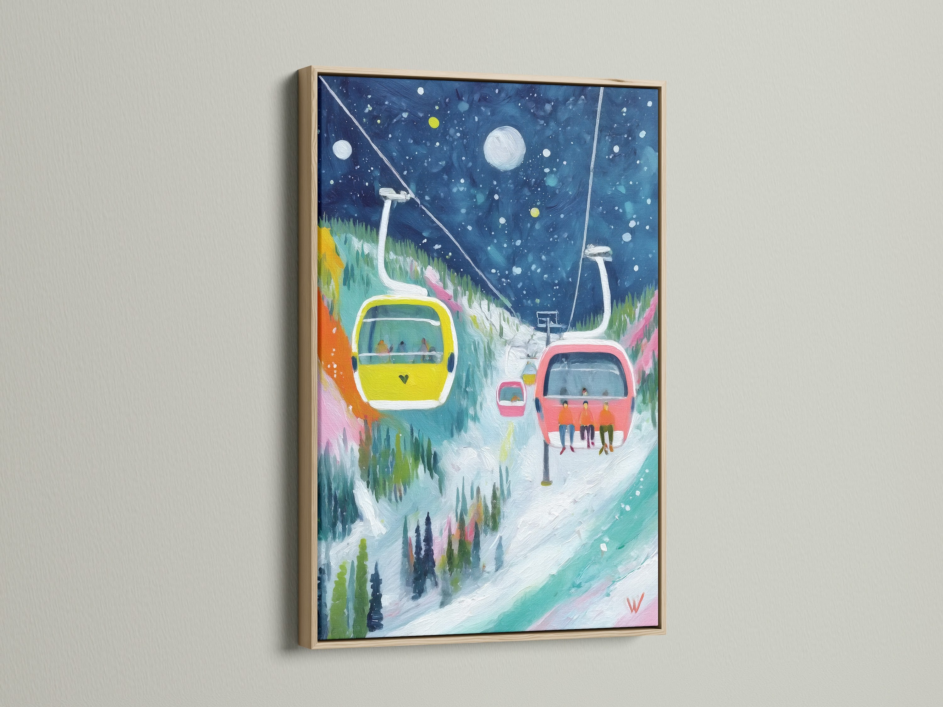 Ski Lift Canvas Print with an oak frame. This winter mountain wall art brings a colorful snow scene to life. A great piece of artwork for any room. The print features vibrant ski lifts.