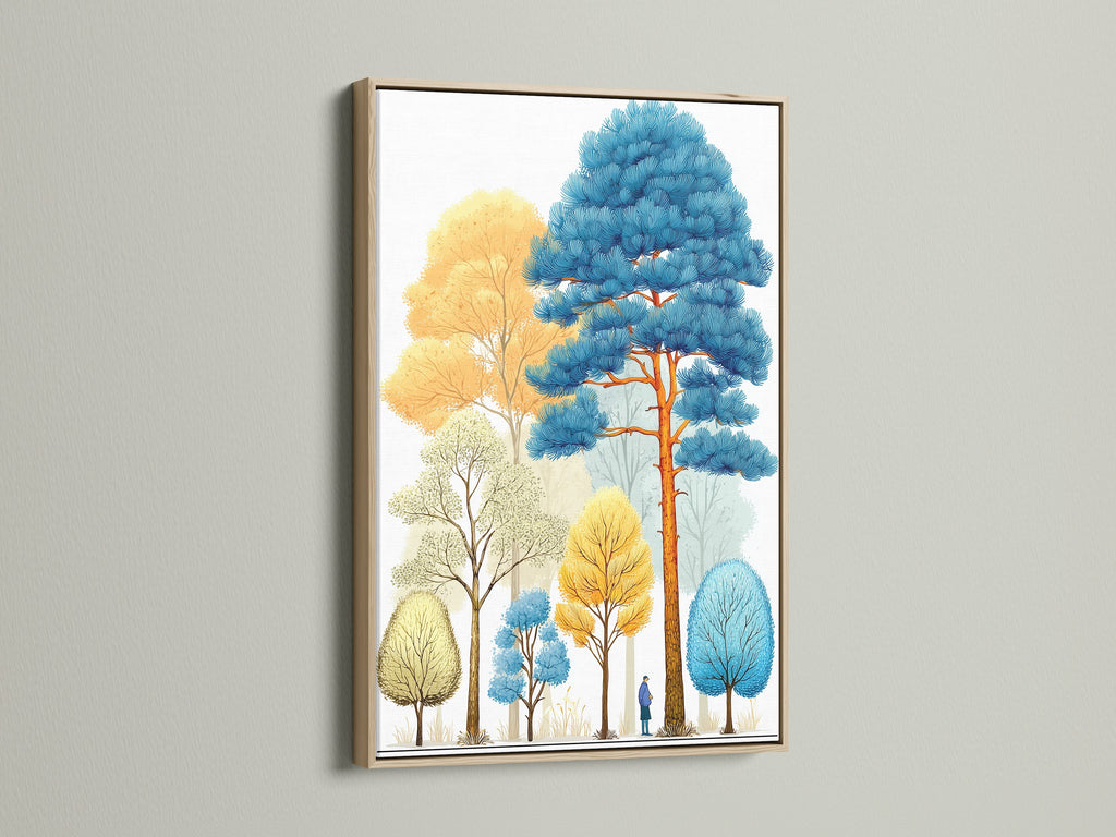 A beautiful oak frame showcases a colorful forest artwork print. The modern woodland art brings nature indoors. This tree wall decor is ideal for living rooms bedrooms and offices. The abstract print adds a touch of modern elegance.