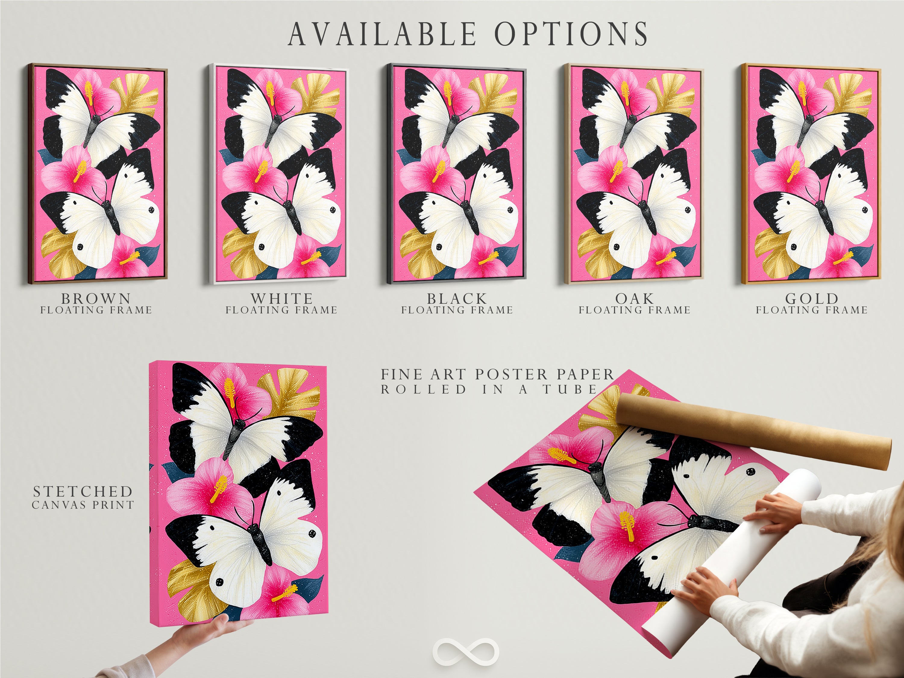 Available options for the butterfly canvas print are displayed. Choose from stretched canvas fine art poster paper or floating frame options. The artwork features pink hibiscus wall art with white butterflies. Elevate your walls today.