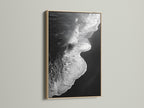 This is a captivating black and white ocean wave artwork print. It is presented in an oak frame. Ideal for adding a touch of minimalist decor. The beach canvas print enhances any space. It is suitable for those seeking refined coastal wall art. Perfect for living rooms bedrooms and offices.