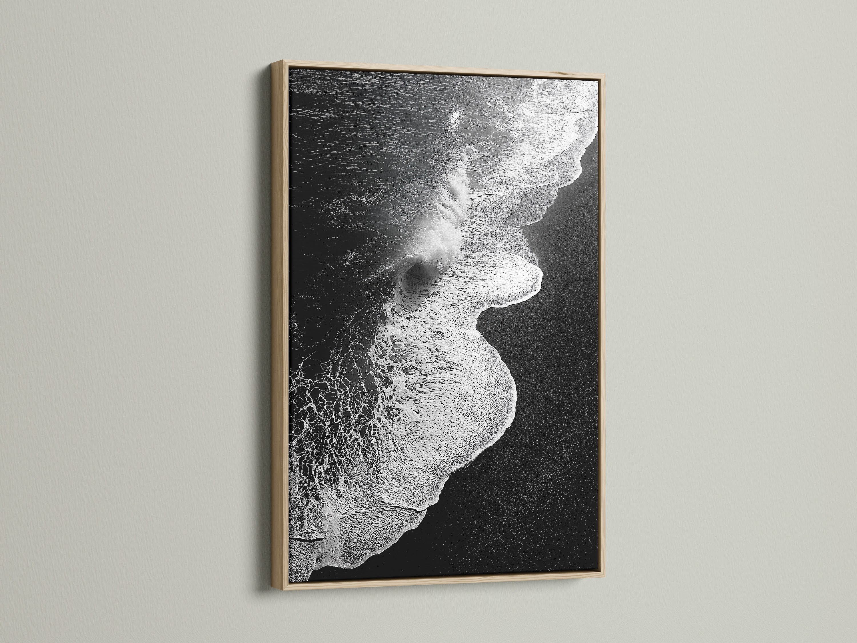 This is a captivating black and white ocean wave artwork print. It is presented in an oak frame. Ideal for adding a touch of minimalist decor. The beach canvas print enhances any space. It is suitable for those seeking refined coastal wall art. Perfect for living rooms bedrooms and offices.