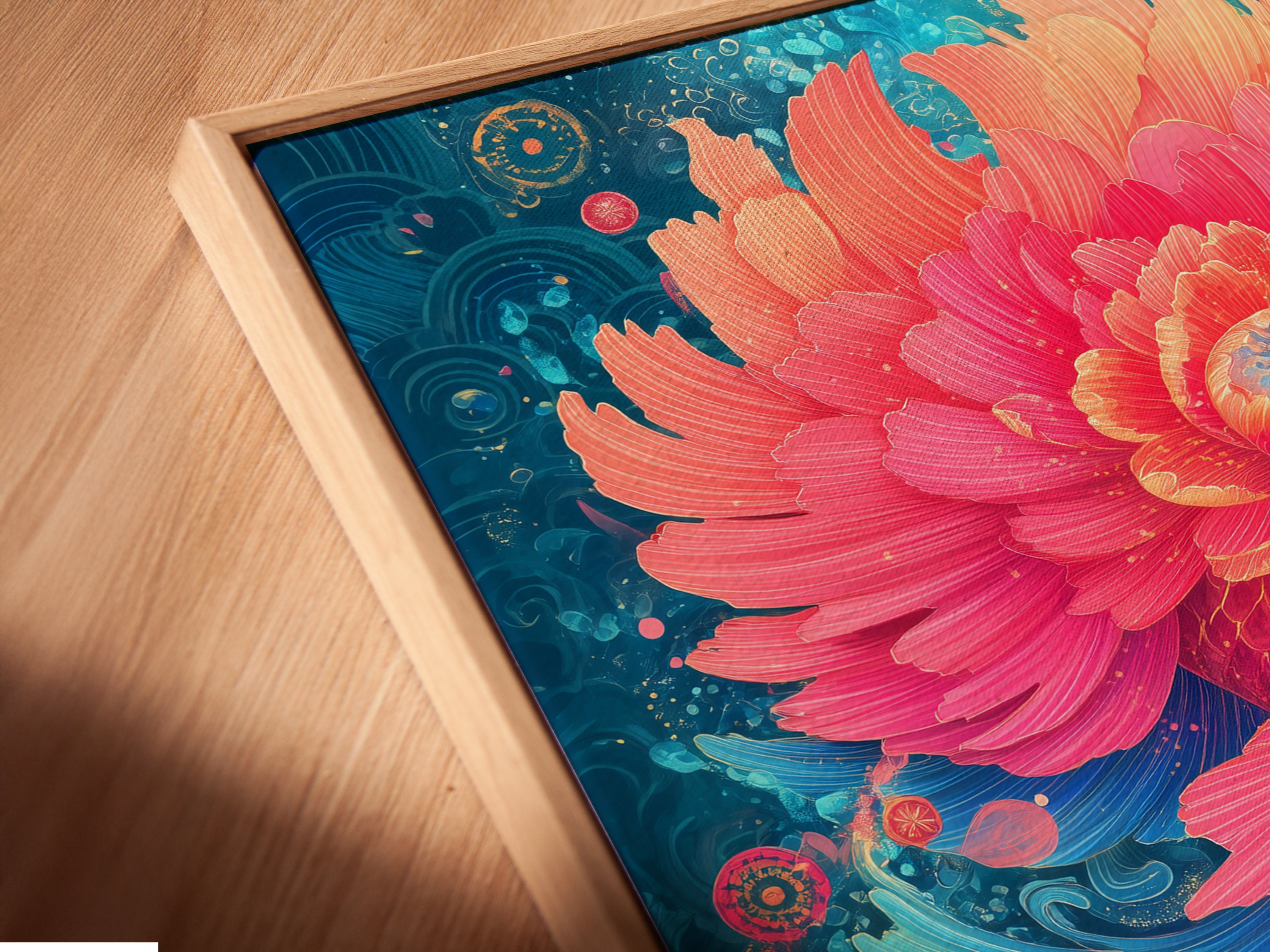 A close up shot of a canvas print in a floating frame. The koi fish artwork features a pink fish and teal floral elements. The floating frame gives the artwork a contemporary gallery feel. Perfect for modern decor.