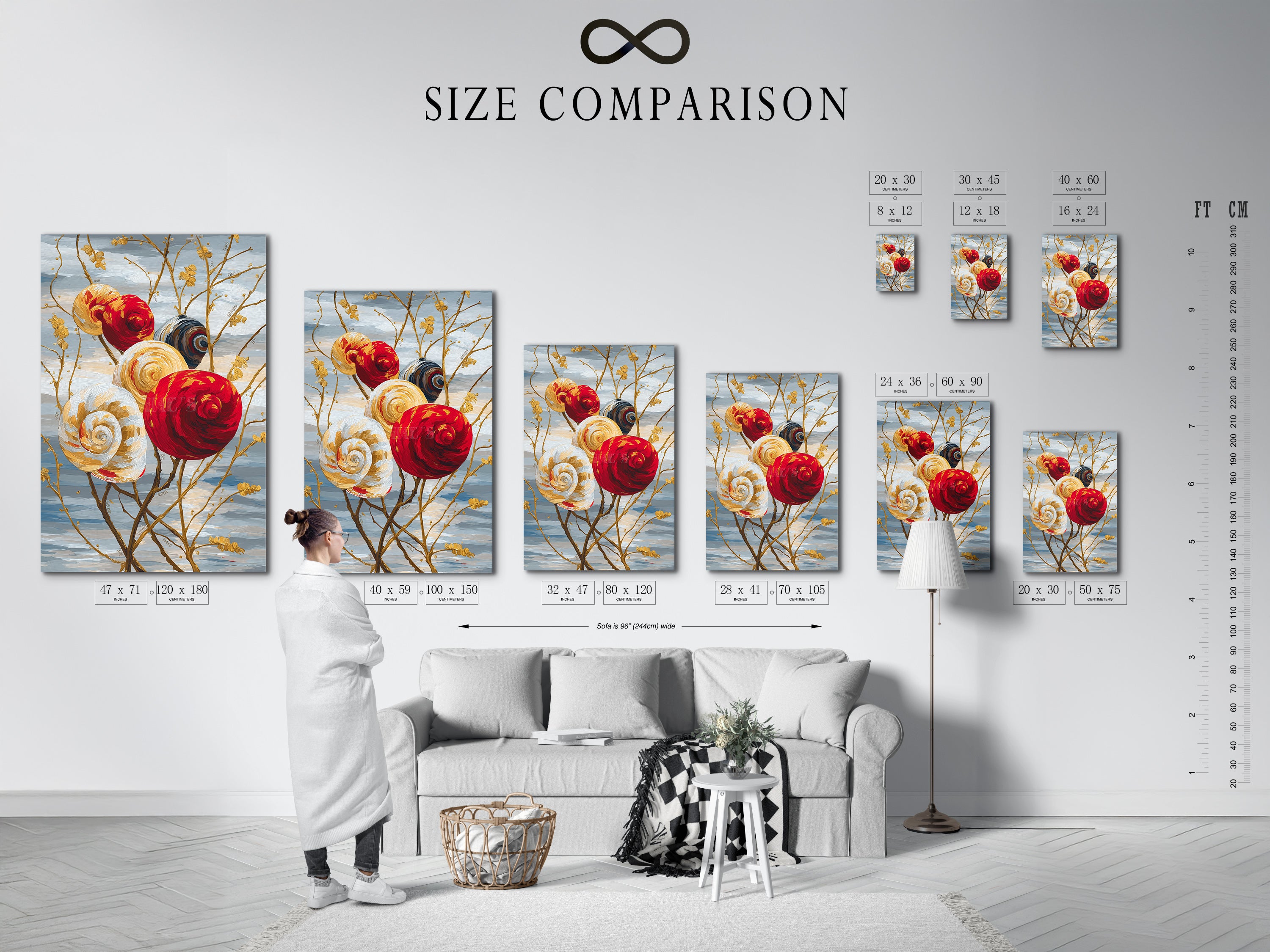 Size comparison chart in an interior setting. See how different sizes of spiral flower artwork fit in your space. Find the perfect dimensions for your wall art needs. Make the right choice.