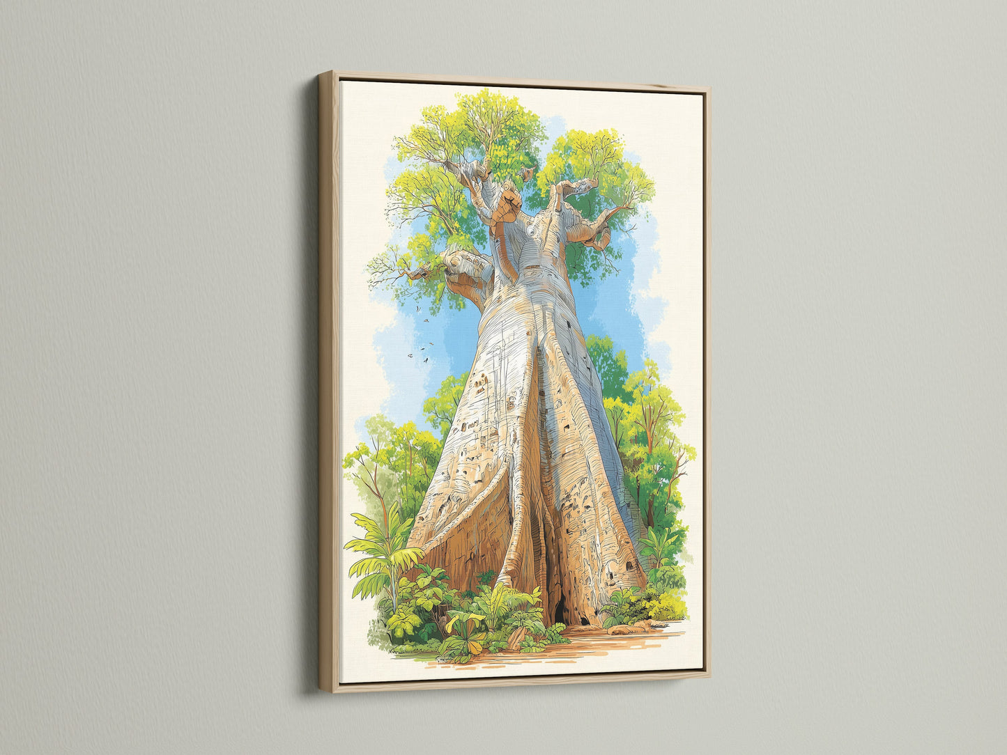 A striking Baobab Tree artwork is showcased in an oak frame. The frame enhances the artwork. It brings warmth and sophistication to this African landscape piece. Ideal for those seeking botanical inspired art to complement interiors.