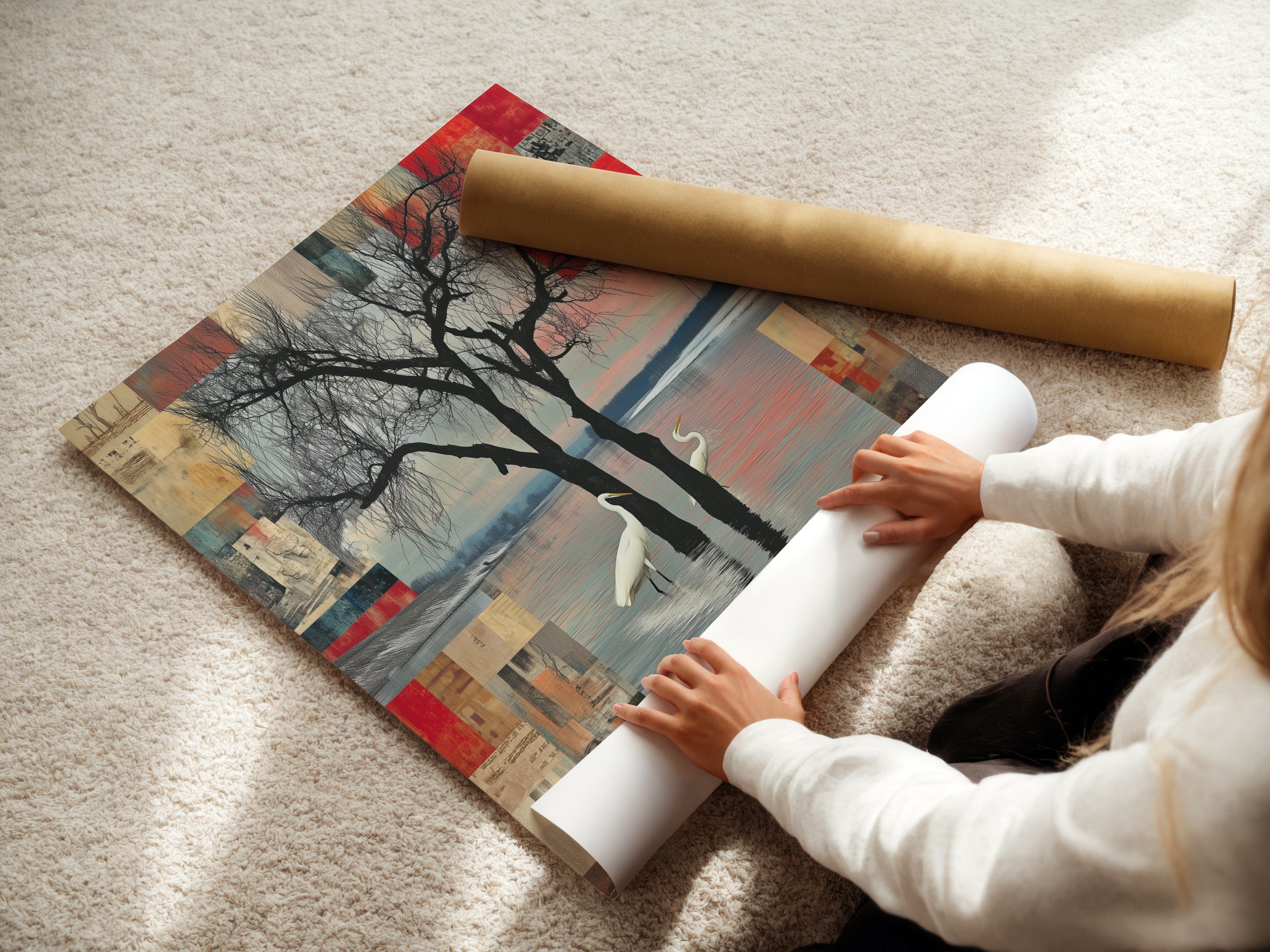 Woman carefully rolling a fine art poster paper of Crane Bird Abstract Lake artwork. This nature-inspired print is perfect for adding a serene touch to any space. Ideal for art collectors and those seeking calming art.