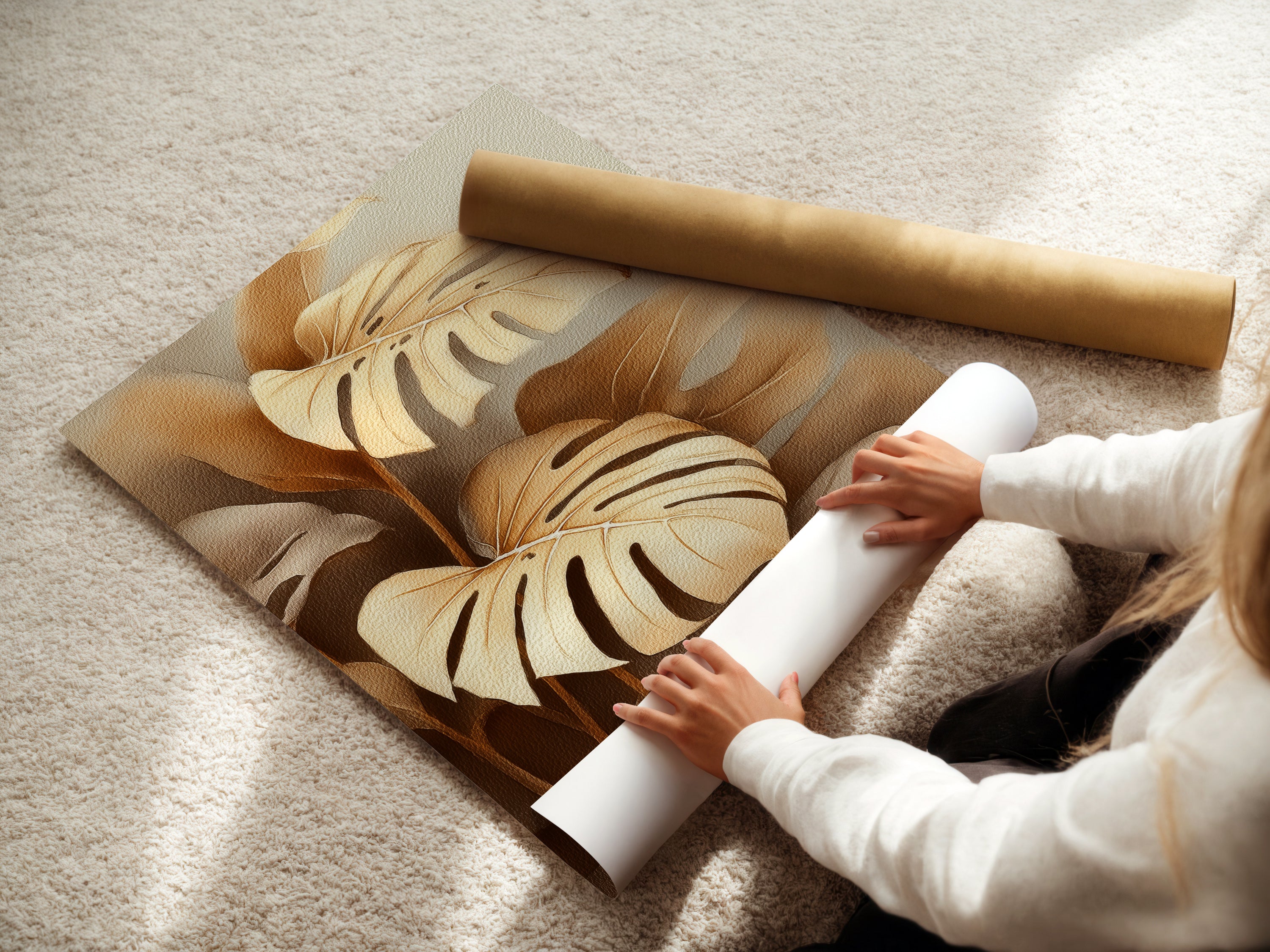 A woman is carefully rolling a fine art poster paper. This showcases the quality and care in handling. The monstera art is ready for framing or display. The botanical print is perfect for any art lover. The tropical wall art brings nature indoors.