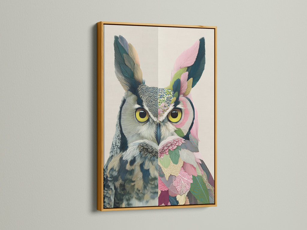 The colorful owl artwork is displayed in a luxurious gold frame. This whimsical animal art adds elegance to your walls. The gold frame complements the artwork's botanical details. A great gift.