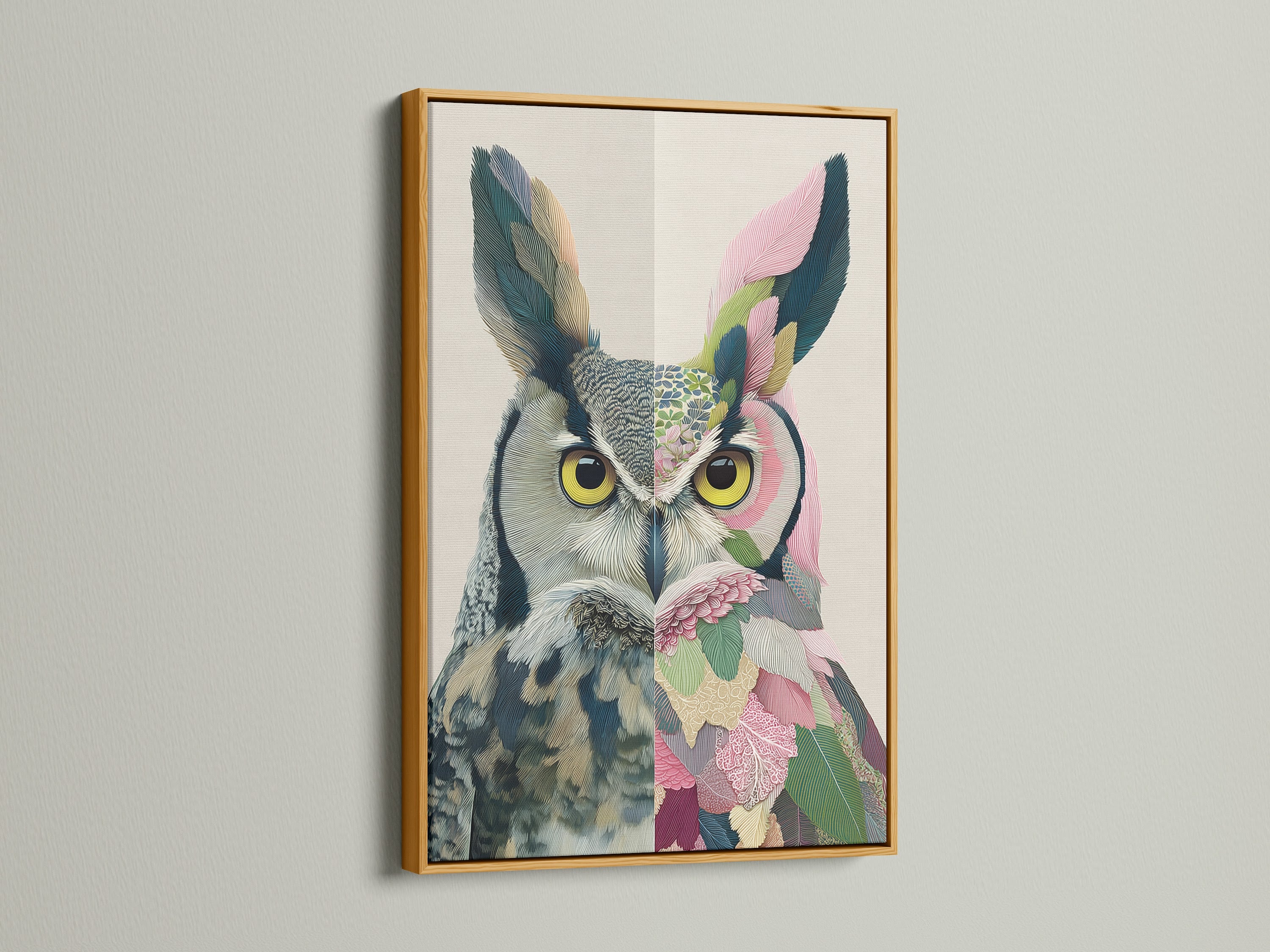The colorful owl artwork is displayed in a luxurious gold frame. This whimsical animal art adds elegance to your walls. The gold frame complements the artwork's botanical details. A great gift.