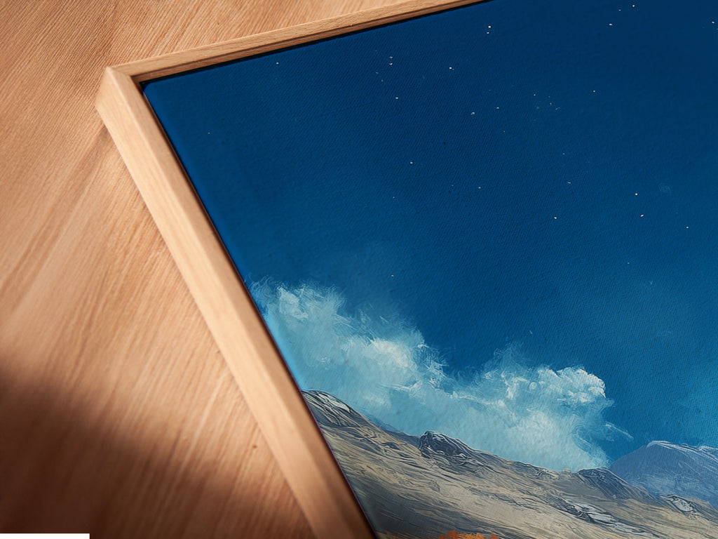 Close-up of a Mountain Valley Canvas Print in a Floating Frame. The artwork features a beautiful autumn landscape. The floating frame adds a modern touch. It's perfect for enhancing your home decor. Bring the beauty of nature indoors with this scenic wall art.