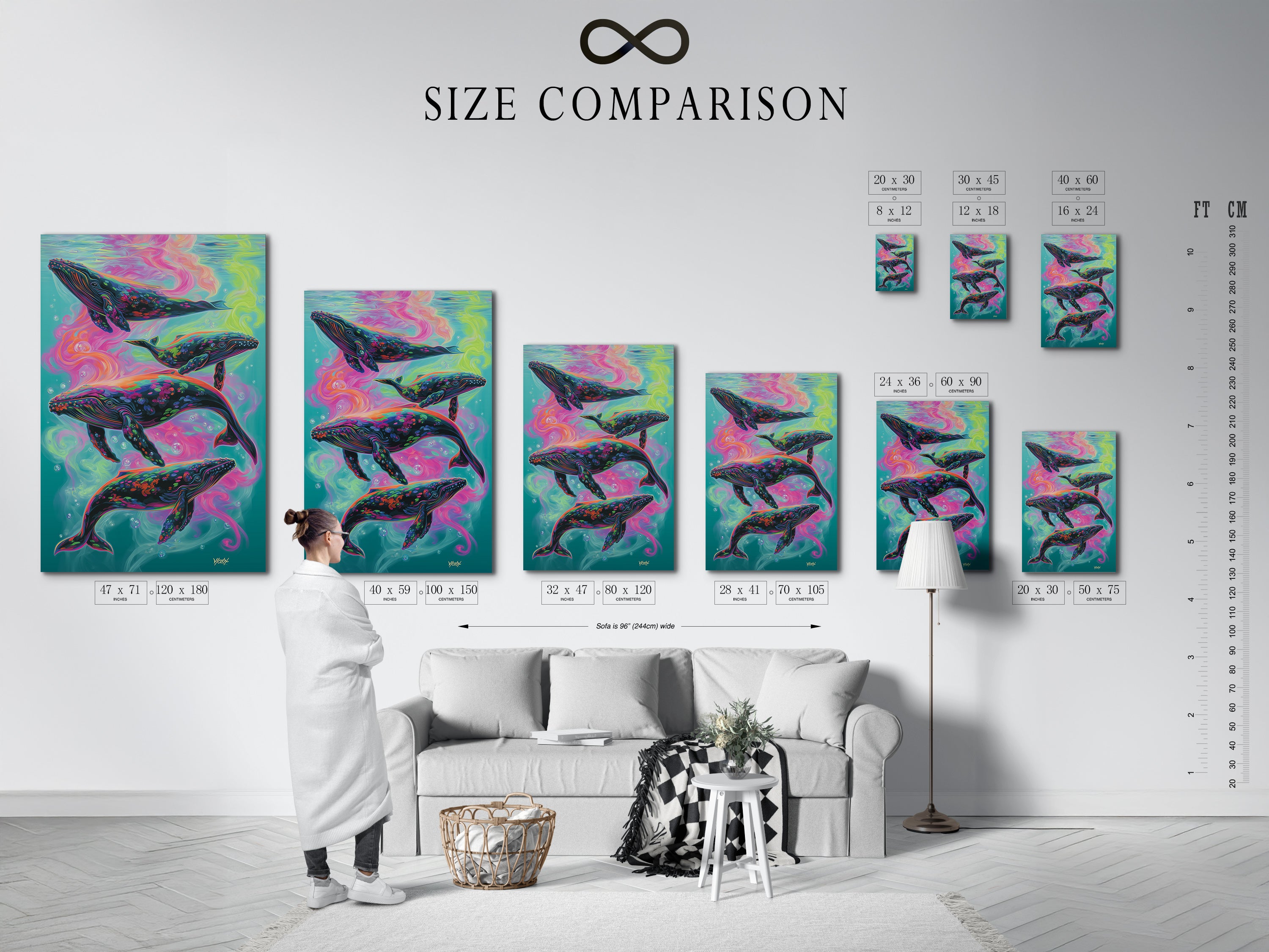 A size comparison chart is displayed in an interior setting. This chart helps you visualize the different sizes available for the psychedelic ocean artwork featuring colorful whales. Ensure you select the perfect size to complement your space. Ideal for bohemian and eclectic styles. A captivating piece for ocean and art enthusiasts.