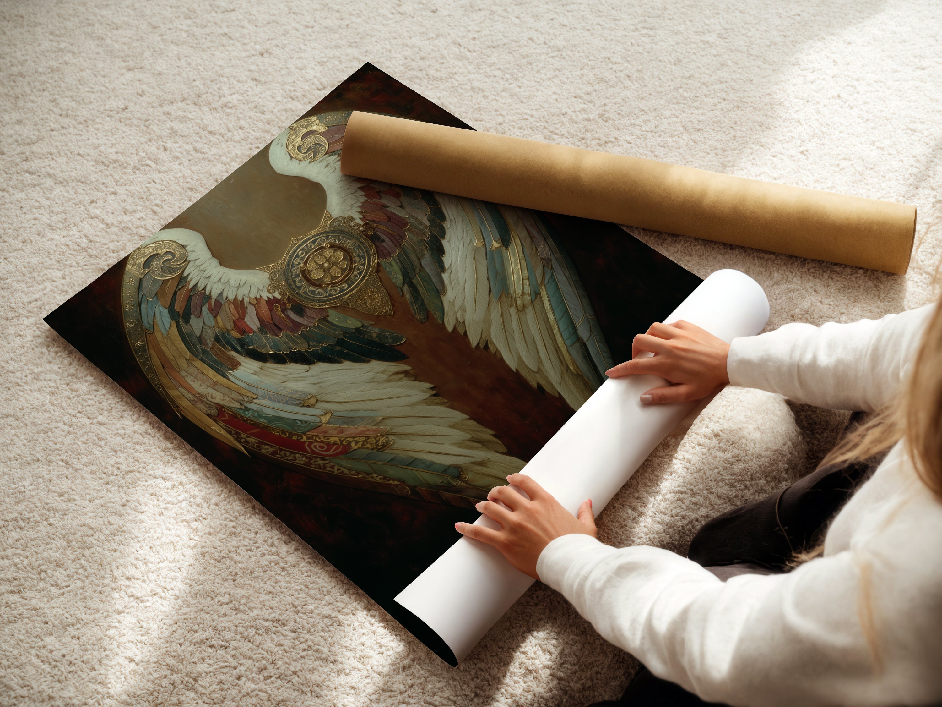 A woman carefully rolls a fine art poster paper featuring angel wings. This gothic artwork is perfect for vintage-style home decor. Spiritual art for bedroom and living room spaces. Ornate angel wings add elegance. Dark academia aesthetics with feather art. Mythical art for unique interiors.
