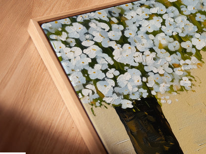 A close-up angled view reveals a canvas print in a floating frame. The whimsical cat artwork print is a peaceful garden canvas wall art. This cute animal illustration enhances nursery room decor.