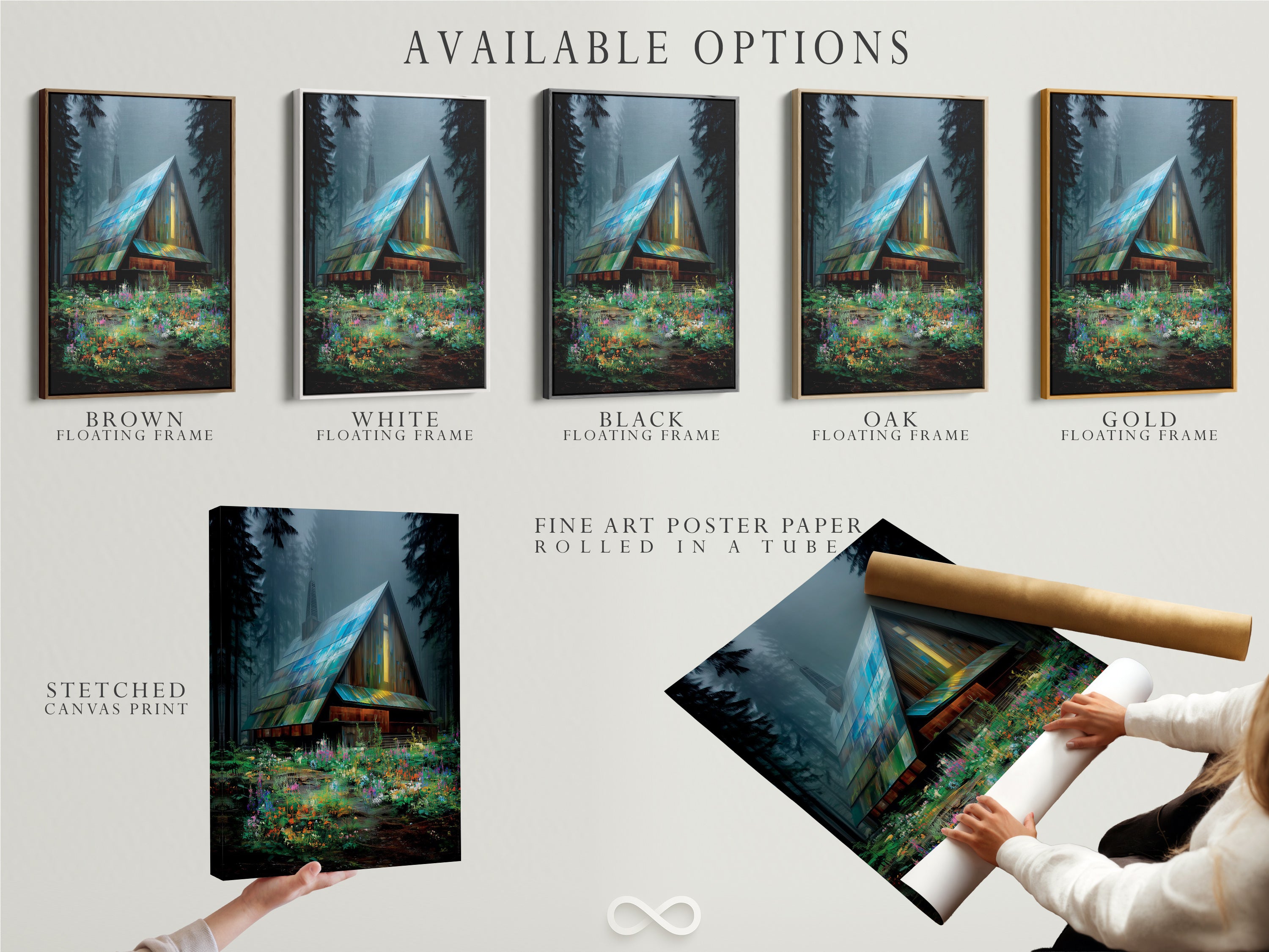 Available options are showcased. The scene is a stretched canvas print. Also shown is a fine art poster paper. A floating frame is displayed. Choose the perfect style for your cabin in the woods artwork.